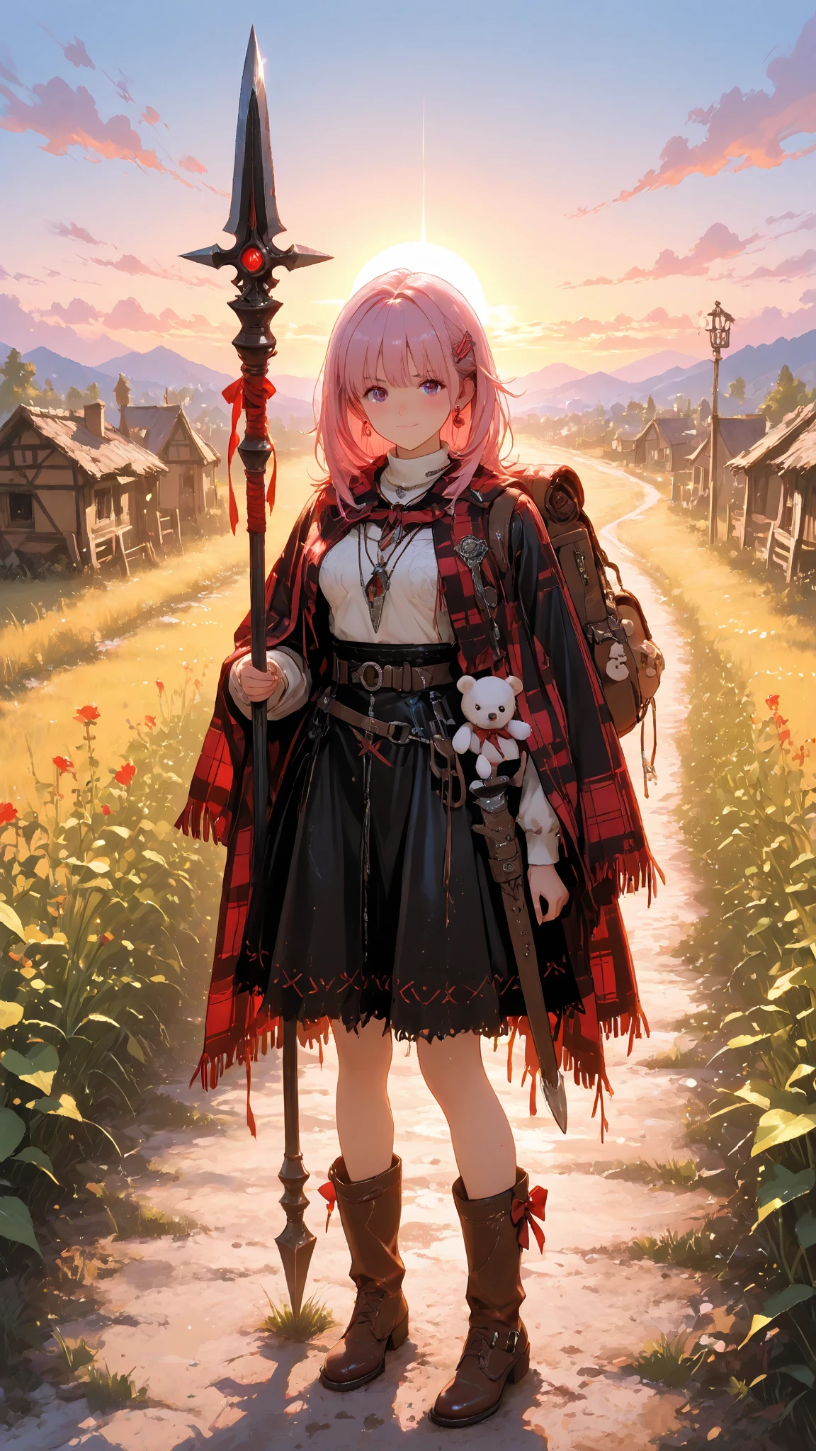 Super Detailed Depiction, Vivid Details, Perfect resolution, Yoshizuki iori, pink hair, Braided Hair, Ribbons Hair Accessories, cute hairpins, Delicate Necklace, small earrings, Iron Mace, Practical Adventurer's Belt, Gear with Multiple Pouches, Durable Leather Boots with Ribbons, Plaid Cloak, Practical Short Spear Held in the Right Hand, Sharp Spear Tip and Decorated Handle, Exquisitely Carved Spear Scabbard, Dagger hanging from the waist, Sharp Blade in a Scabbard, White Teddy Bear with a Ribbon Peeking Out of a Backpack, Village Exit where the sun shines in, Road Wrapped in Morning Mist, Adventure Path Seen in the Distance, sunrise sky, Feeling of elation of departure, expression full of anticipation, prairie wet with morning dew, A Scene Showing the Beginning of a New Adventure
