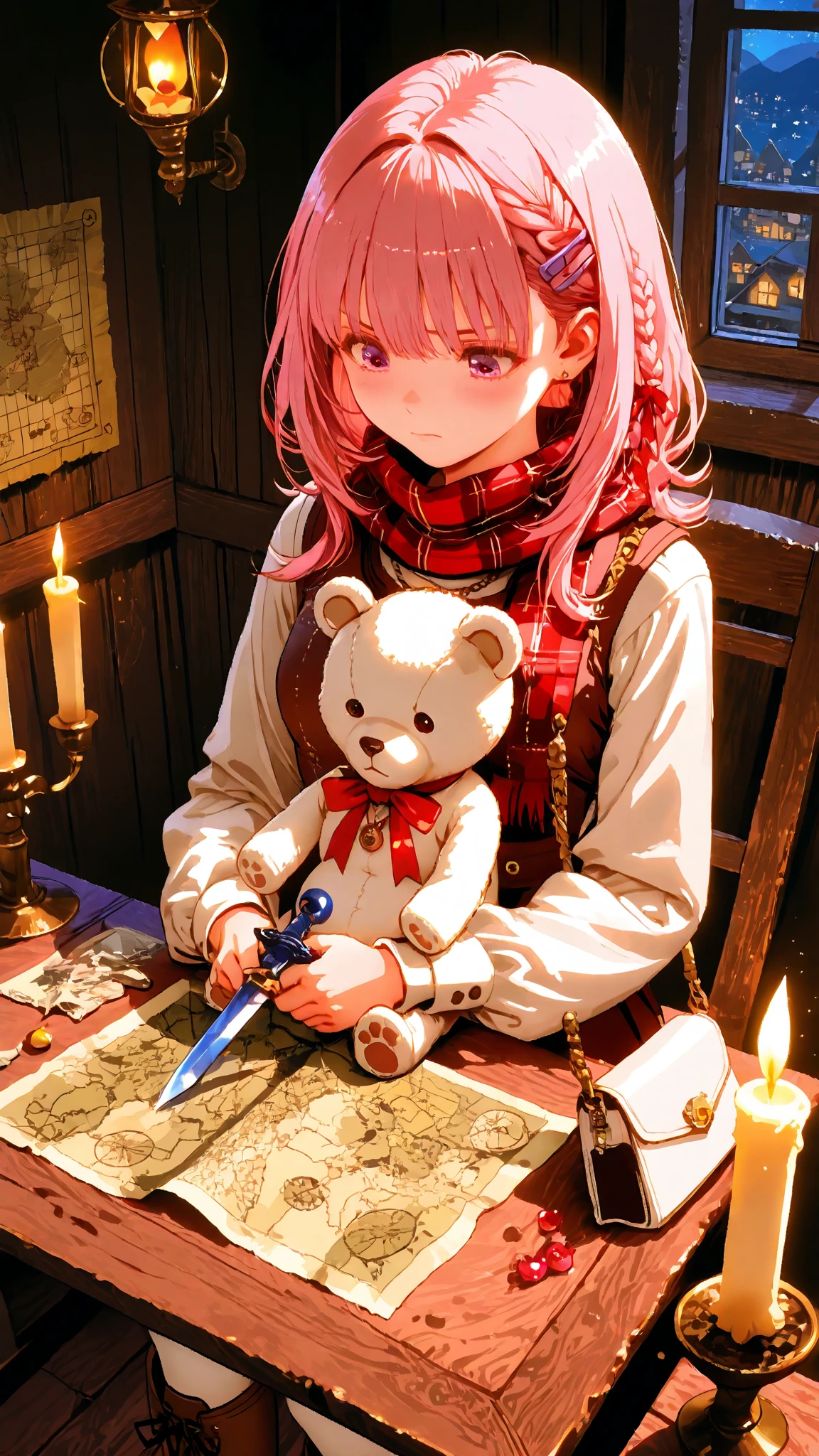 Super Detailed Depiction, Vivid Details, Perfect resolution, Yoshizuki iori, pink hair, Braided Hair, Ribbons Hair Accessories, cute hairpins, Delicate Necklace, small earrings, Iron Mace, Practical Adventurer's Belt, Gear with Multiple Pouches, Durable Leather Boots with Ribbons, Plaid Cloak, Practical Short Spear Held in the Right Hand, Sharp Spear Tip and Decorated Handle, Exquisitely Carved Spear Scabbard, Dagger hanging from the waist, Sharp Blade in a Scabbard, White Teddy Bear with a Ribbon Peeking Out of a Backpack, Village Exit where the sun shines in, Road Wrapped in Morning Mist, Adventure Path Seen in the Distance, sunrise sky, Feeling of elation of departure, expression full of anticipation, prairie wet with morning dew, A Scene Showing the Beginning of a New Adventure