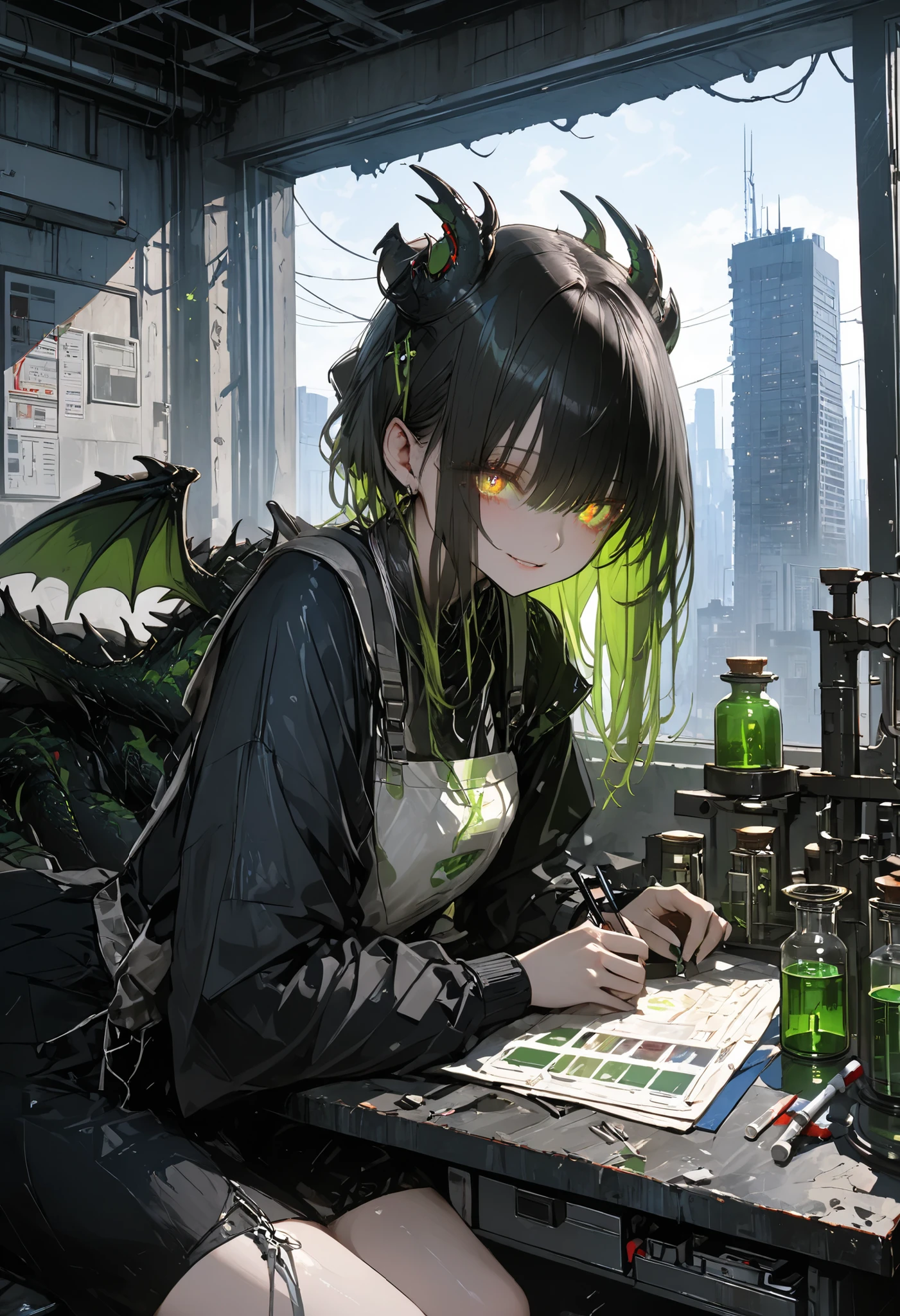 ruinsの Barbell Alchemist、散らかったTest Bench、wonderfulなmedicine、colorful bottle 、flask、 beaker 、彼女は他にどんな風変わりなcreateを生み出すのだろうか、dragon、Making a little dragon、Hand riding dragon on desk、cute expression，determined，glowing eyes ，looking atviewer 、Detailed Paintings {x} A Corner of a Skyscraper Where No People Have Gone、 modern building in front of automatic doors、Dots from the Window々and City Lights Visible、bright color,beautiful eyes,A delicate smile,Textured Skin,masterpiece,Kilo,best quality,gentle and beautiful woman,
masterpiece，（masterpiece），fuill body ,best quality ，（最High Quality）， cinematiclighting ，（cinematic lighting）、beautiful detailed eyes ，eye detail connected to an electric wire，uitra-detailed，（Super Detailed），highresolution， （high definition），8k，8K resolution，official art，（official illustration style），
High Quality,8K,real,Picture,Super Detailed,masterpiece, Barbell Alchemist,Test Bench,medicine,wonderful,create,ruins, dark,Gloomy,horror, dark色調,dark art