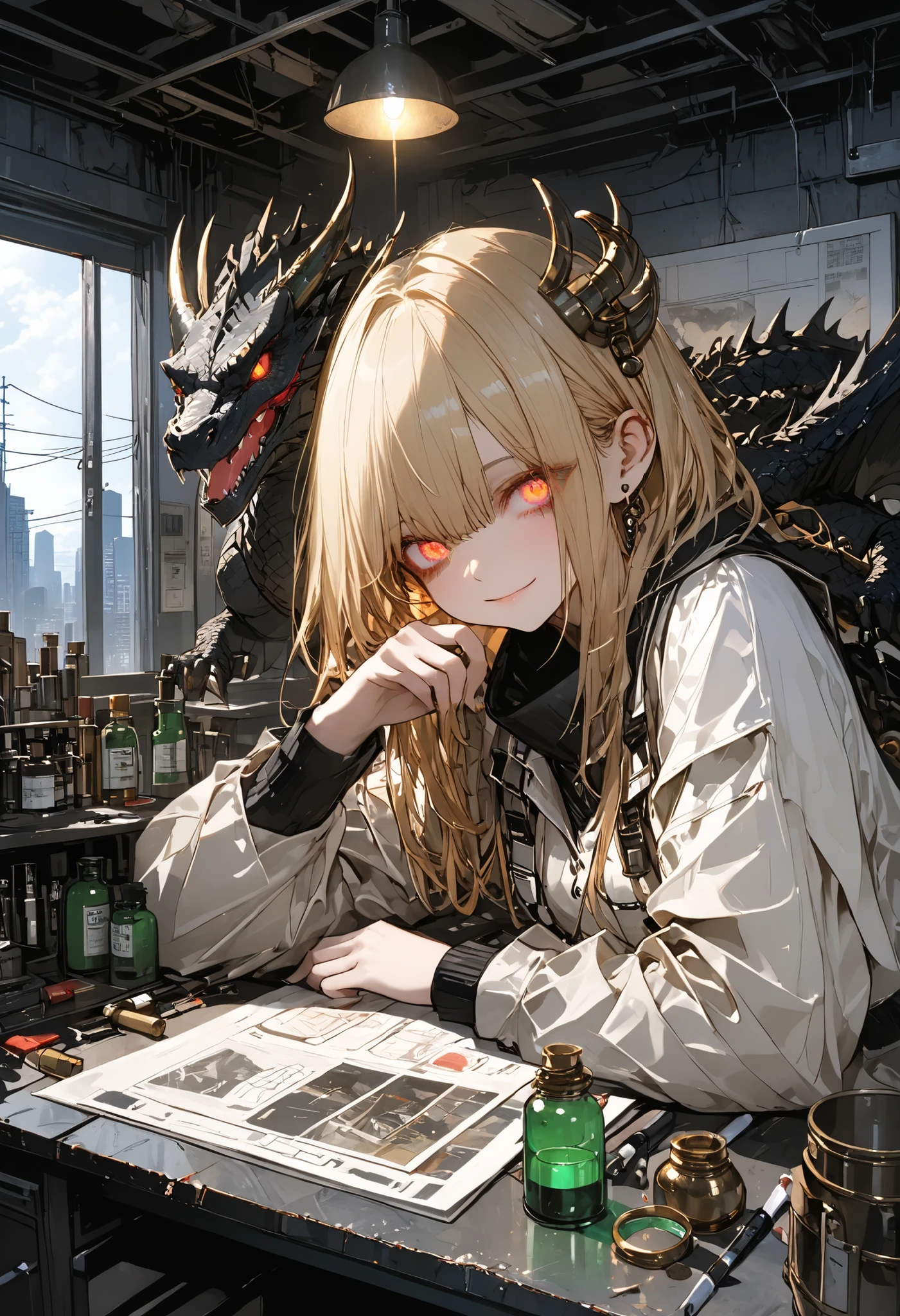 ruinsの Barbell Alchemist、散らかったTest Bench、wonderfulなmedicine、colorful bottle 、flask、 beaker 、彼女は他にどんな風変わりなcreateを生み出すのだろうか、dragon、Making a little dragon、Hand riding dragon on desk、cute expression，determined，glowing eyes ，looking atviewer 、Detailed Paintings {x} A Corner of a Skyscraper Where No People Have Gone、 modern building in front of automatic doors、Dots from the Window々and City Lights Visible、bright color,beautiful eyes,A delicate smile,Textured Skin,masterpiece,Kilo,best quality,gentle and beautiful woman,
masterpiece，（masterpiece），fuill body ,best quality ，（最High Quality）， cinematiclighting ，（cinematic lighting）、beautiful detailed eyes ，eye detail connected to an electric wire，uitra-detailed，（Super Detailed），highresolution， （high definition），8k，8K resolution，official art，（official illustration style），
High Quality,8K,real,Picture,Super Detailed,masterpiece, Barbell Alchemist,Test Bench,medicine,wonderful,create,ruins, dark,Gloomy,horror, dark色調,dark art