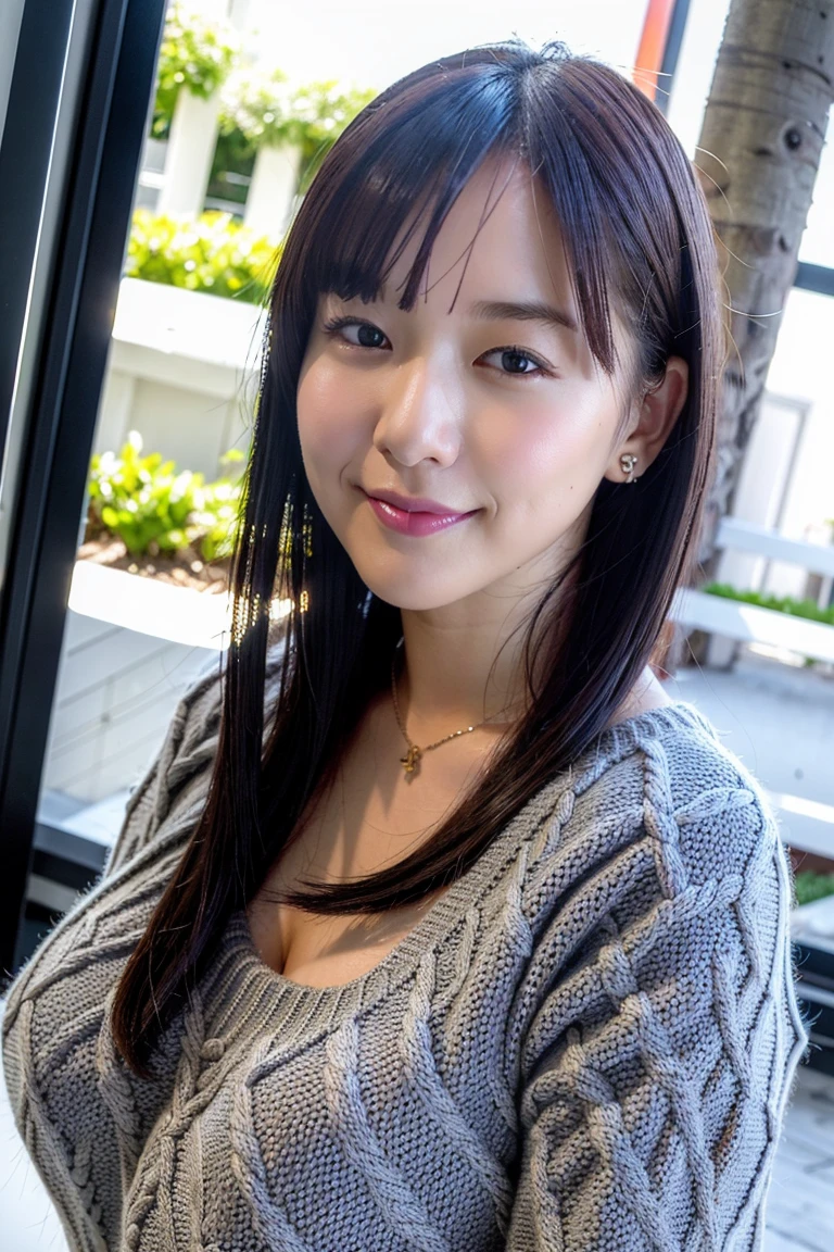 Japanese beauty mature woman,40 years old, high resolution on down , masterpiece, inflamed skin , very detailed, Realistic, Professional Lighting , Borderline deep , sharp, ( gray background :1.2), (Front View:1.2),( Japanese Mature, 45 year old women are :1.0), detail face , beautiful eyes, bangs, big balanced , light brown straight hair , Faint lips, 優しいsmile, smile, (Catch Eye:1.3),((Stand in front、Being watched by the audience, Serious face eyes,)), (Super Thin Blue Sweater :1.2), Theta, Full body image, cowboy shot