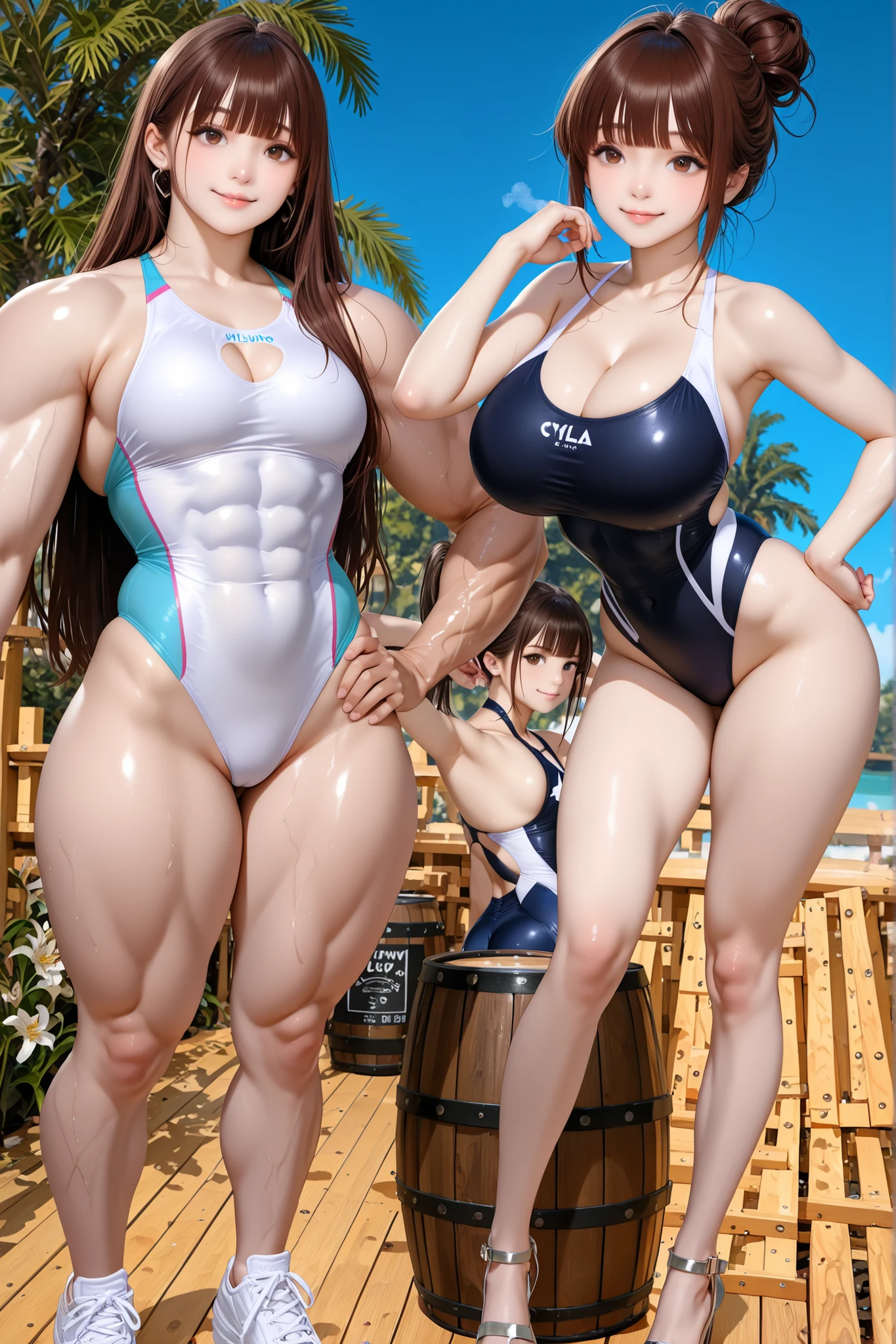 score_9, score_8_up , score_7_up , just describe what you want, tag1, tag2,official art, official style,anime style:, anime coloring, anime screenshot, game cg,illustration,(masterpiece:1.5),(most detailed:1.5), (high resolution:1.5), (best quality:1.5),(perfect anatomy:1.5), (4K:1.3),(2 girls,twins:1.3),(Lily is on the right, and a Lala is on the left), (mizuno competition swimsuit:1.5), (both have brown hair:1.3), brown eyes,(beautiful girl:1.3),(Lala is a flat chest:1.5, flat chest, flat chest,barrel-shaped body:1.3,big body:1.3, cylindrical body type:1.5,flat chest, flat chest, muscular,muscular,   brawny, beefy, toned body,    abs ,  Wide shoulders, wide chest, wide arms, wide torso, wide arms, wide legs  ,competitive swimsuit : 1.5),
(Lily is a huge breasts ,huge breasts,mizuno competitive swimsuit,cleavage   ,glamorous ,voluptuous  ,beautiful breasts  ,     curvy,with natural bangs , beautiful ass: 1.5)  , ,(　hot springs, sauna, Wooden chairs, dim lighting, steam, fog , sauna plants  :1.3　　　),smile:1.5,(dynamic pose:1.5),(standing:1.5)