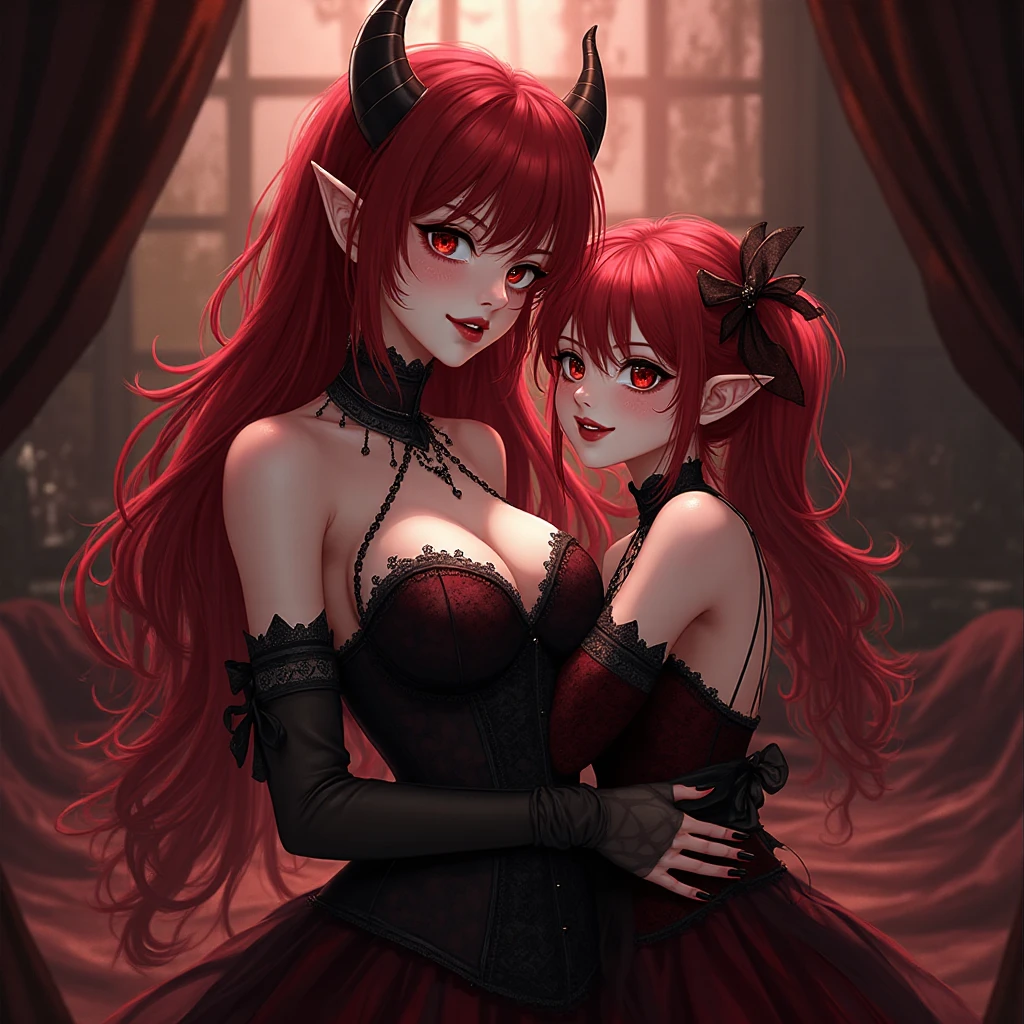 ((((Obra maestra, La mejor calidad, ultrahigh resolution)))), 1girl, standing,), ((long pure red hair, hair over eye)), long hair cut, shiny skin, ((golden eyes)), glowing_eyes, neon eyes, (ultra detailed eyes:0.7, beautiful and detailed face, detailed eyes:0.9), ((centered)), smirk, facing viewer, ((vibrant background, dark lighting, summer, sunlight)), large chested, looking at viewer, ((half closed eyes)), ((perfect hands)), (((head:1, arms, hips in view, elbows, in view))), ((hands behind back)), empty eyes, beautiful lighting, ((outside, outdoors)), defined subject, head tilt, (((gritty)), ((creepy)), ((cool)), ((beautiful)), (((SFW))), horns, hair ornament, petals in the air, moon in the sky, city, mature woman, adult woman, sfw, cool dress