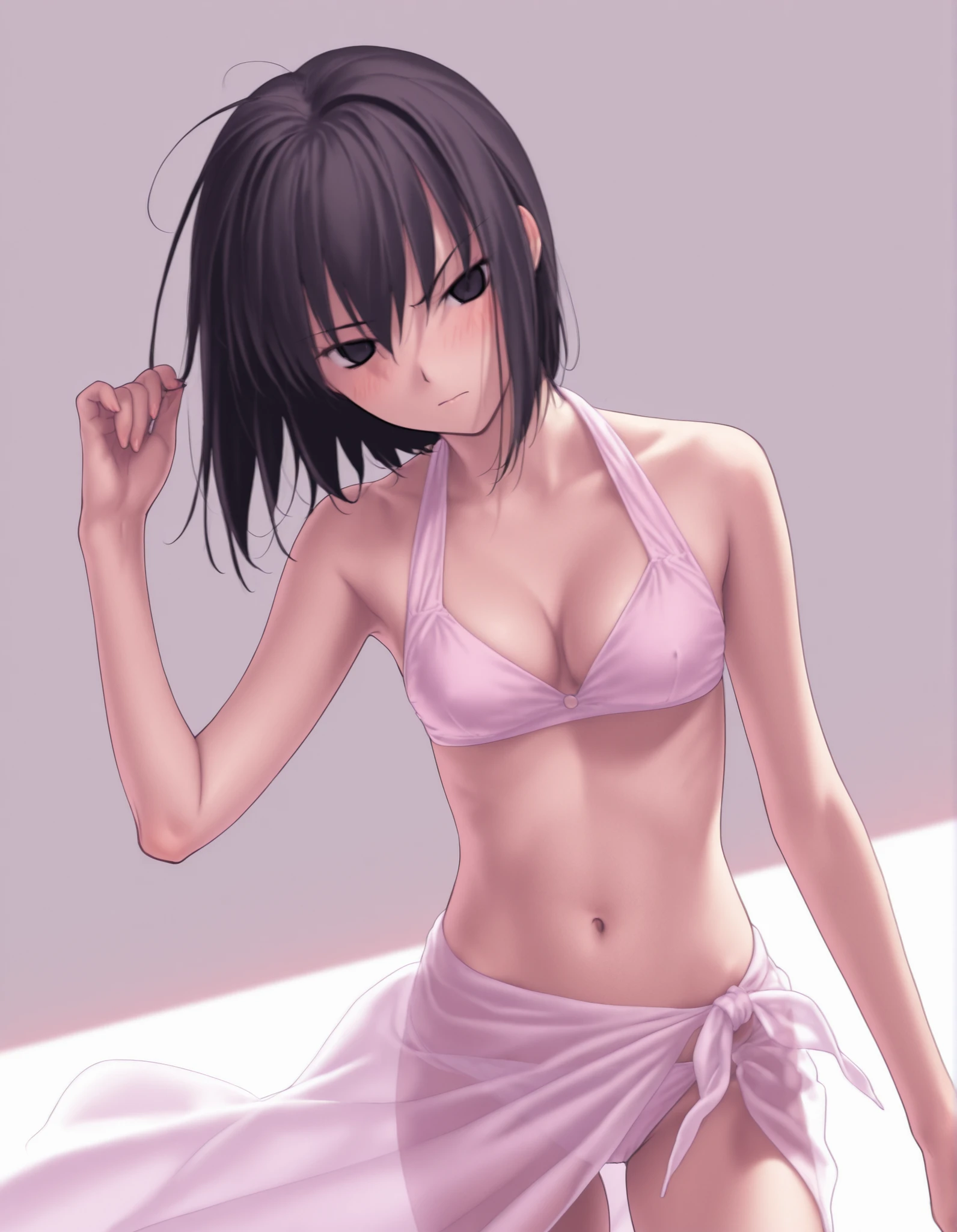 (sunlight) ,(white background, simple background),, from above,(), (dutch angle), pale skin, ((backlight)),
                                                                                                                                                                                                                         1girl, solo, <lora:Witch on the Holy Night_illustriousXL:1>, koyama hirokazu style, ,(head tilt),(cleavage), cowboy shot, embarrassed,
   
girl, slim arms, slim body, ,kuonji alice ,black hair ,short hair ,hair between eyes ,black eyes,(),(tsurime),(no pupil), navel, ( style), light pink , silky , see-through sarong, ,looking at viewer, (very small ), , hand up, nervous, blush,