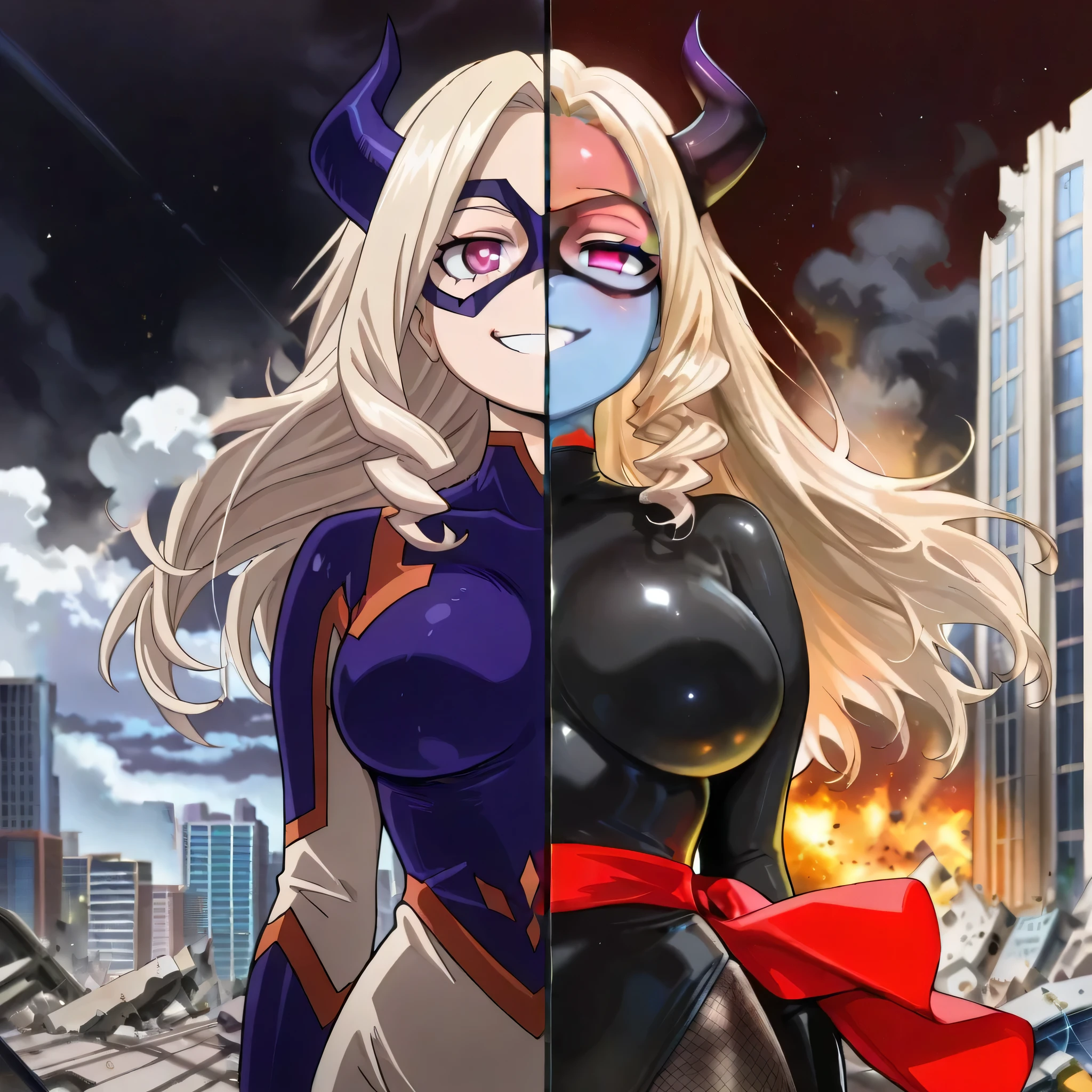 (((Masterpiece))), (((Best Quality))), ((Super Detail)), ultra-High resolution, score_9,score_8_up,score_7_up,score_6_up,score_5_up,score_4_up, BREAK, source_anime, anime screencap, uncensored, Masterpiece, (best shadow), (absurdres), (detailed background), (very aesthetic), detailed beautiful eyes, outstanding, an exquisite animation illustration, curvy, highres, (((solo, 1girl))), hair ornament, pose, submissive pose, anime style, anime coloring, animification, megami magazine, pose, dynamic angle, cinematic angle, dutch angle, large , long hair, blonde hair, drill hair, pink eyes, domino mask, horns, giant size female, giantess, debris, cityscape, city, apocalyptic city, apocalyptic background, wind, windy, outdoor, cloud, smoke, destroyed city, rubble, remains of buildings, dark sky, cloudy, gray clouds, burning, smile, happy, looking at viewer, standing, standing at attention, standing still, upper body, cowboy shot, (((spl1tscr33n, spl1tf4c3, spl1tfr4m3,,splitscreen, splitface, splitframe, split screen, split face, split frame))), multi colored , purple top, beige body suit, beige bottom, elbow gloves, giantess,