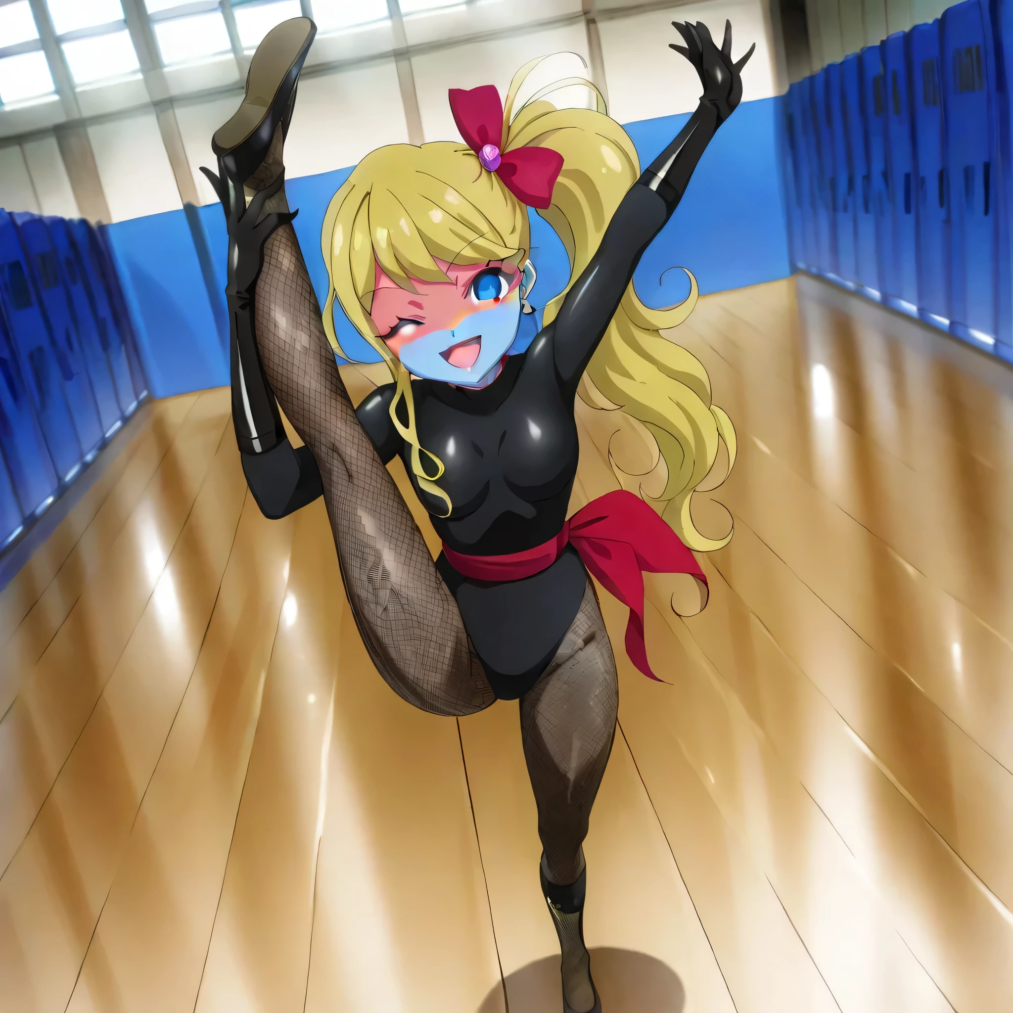 (((Masterpiece))), (((Best Quality))), ((Super Detail)), ultra-High resolution, score_9,score_8_up,score_7_up,score_6_up,score_5_up,score_4_up, BREAK, source_anime, anime screencap, uncensored, Masterpiece, (best shadow), (absurdres), (detailed background), (very aesthetic), detailed beautiful eyes, outstanding, an exquisite animation illustration, curvy, highres, shiny clothing, dark persona, empty eyes, blank eyes, shocker, black leotard, latex elbow gloves, brown fishnet pantyhose, (((blue skin))), colored skin, red sash, makeup, (((solo, 1girl))), hair ornament, pose, submissive pose, anime style, anime coloring, animification, megami magazine, pose, dynamic angle, cinematic angle, dutch angle, small , harukah, hair bow, zzHoshinogawaHaruka, blue eyes, side ponytail, blonde hair, bow, hair bow, jewelry, long hair, smile, happy, cute smile, cute pose, cute smile, open mouth, dappled light, sunbeam, wink, standing on one leg, stretching, plantar flexion, flexible, hand on leg, gymnastic pose, gymnastic, arm up, hand up, tilt head, head tilt, outstretched hand, outstretched arm, gym, gym background, full body, standing