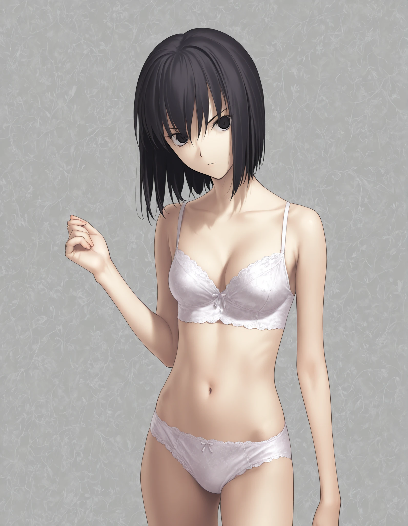 (sunlight) ,(white background, simple background),, from above,(), (dutch angle), pale skin, ((sidelight)),
                                                                                                                                                                                                                         1girl, solo, <lora:Witch on the Holy Night_illustriousXL:1>, koyama hirokazu style, ,(head tilt),(cleavage), cowboy shot, wide-eyed,
   
girl, slim arms, slim body, ,kuonji alice ,black hair ,short hair ,hair between eyes ,black eyes,(),(tsurime),(no pupil), navel, (only  style), pale lacy bra, lacy panties, ,looking at viewer, (very small ), , hand up, nervous,