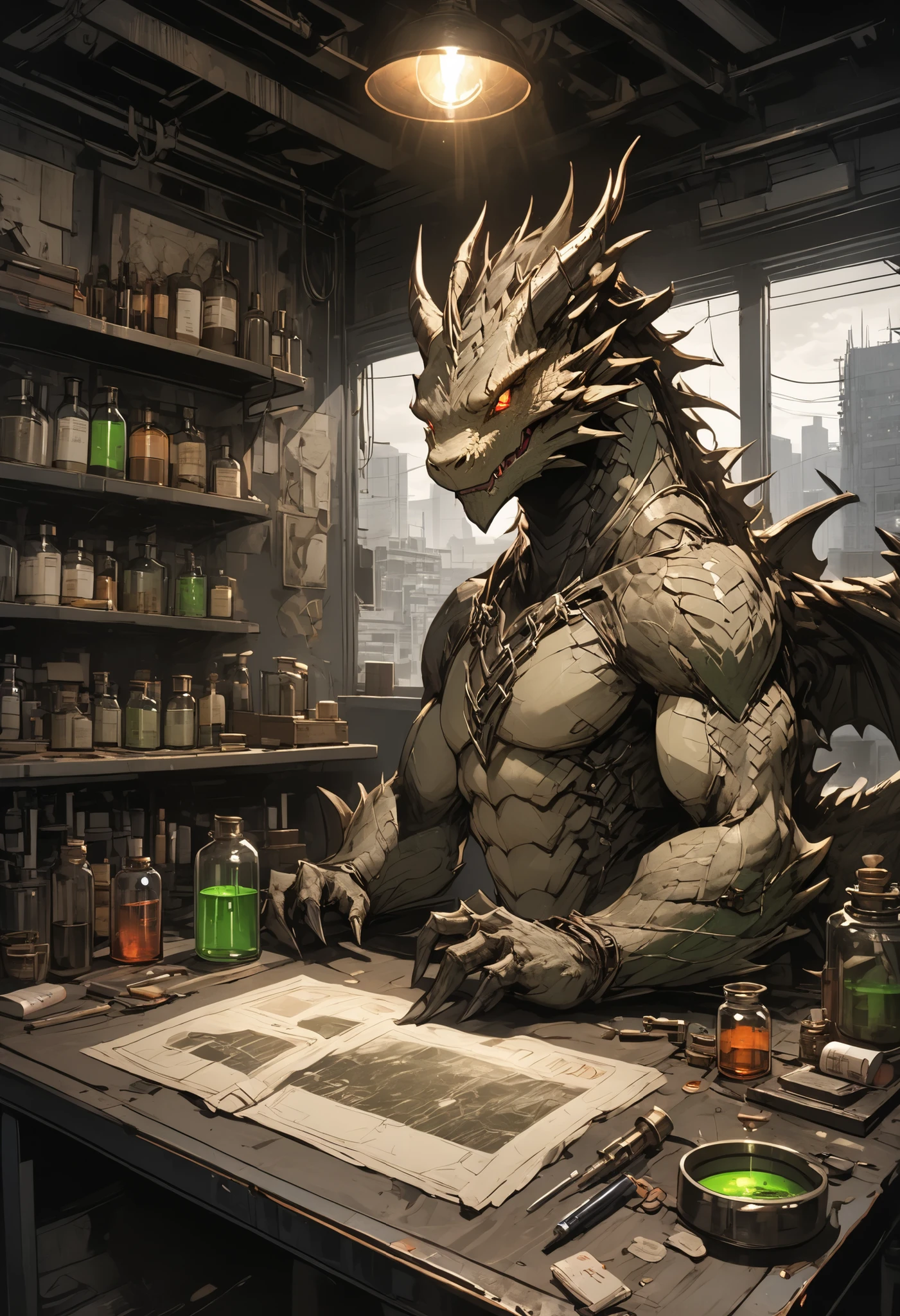 ruinsの Barbell Alchemist、散らかったTest Bench、wonderfulなmedicine、colorful bottle 、flask、 beaker 、彼女は他にどんな風変わりなcreateを生み出すのだろうか、handmade dragon、Making a little dragon、Hand riding dragon on desk、cute expression，determined，glowing eyes ，looking atviewer 、Detailed Paintings {x} A Corner of a Skyscraper Where No People Have Gone、 modern building in front of automatic doors、Night view、Dots from the Window々and City Lights Visible、bright color,beautiful eyes,A delicate smile,Textured Skin,masterpiece,Kilo,best quality,gentle and beautiful woman,
masterpiece，（masterpiece），fuill body ,best quality ，（最High Quality）， cinematiclighting ，（cinematic lighting）、beautiful detailed eyes ，eye detail connected to an electric wire，uitra-detailed，（Super Detailed），highresolution， （high definition），8k，8K resolution，official art，（official illustration style），
High Quality,8K,real,Picture,Super Detailed,masterpiece, Barbell Alchemist,Test Bench,medicine,wonderful,create,ruins, dark,Gloomy,horror, dark色調,dark art