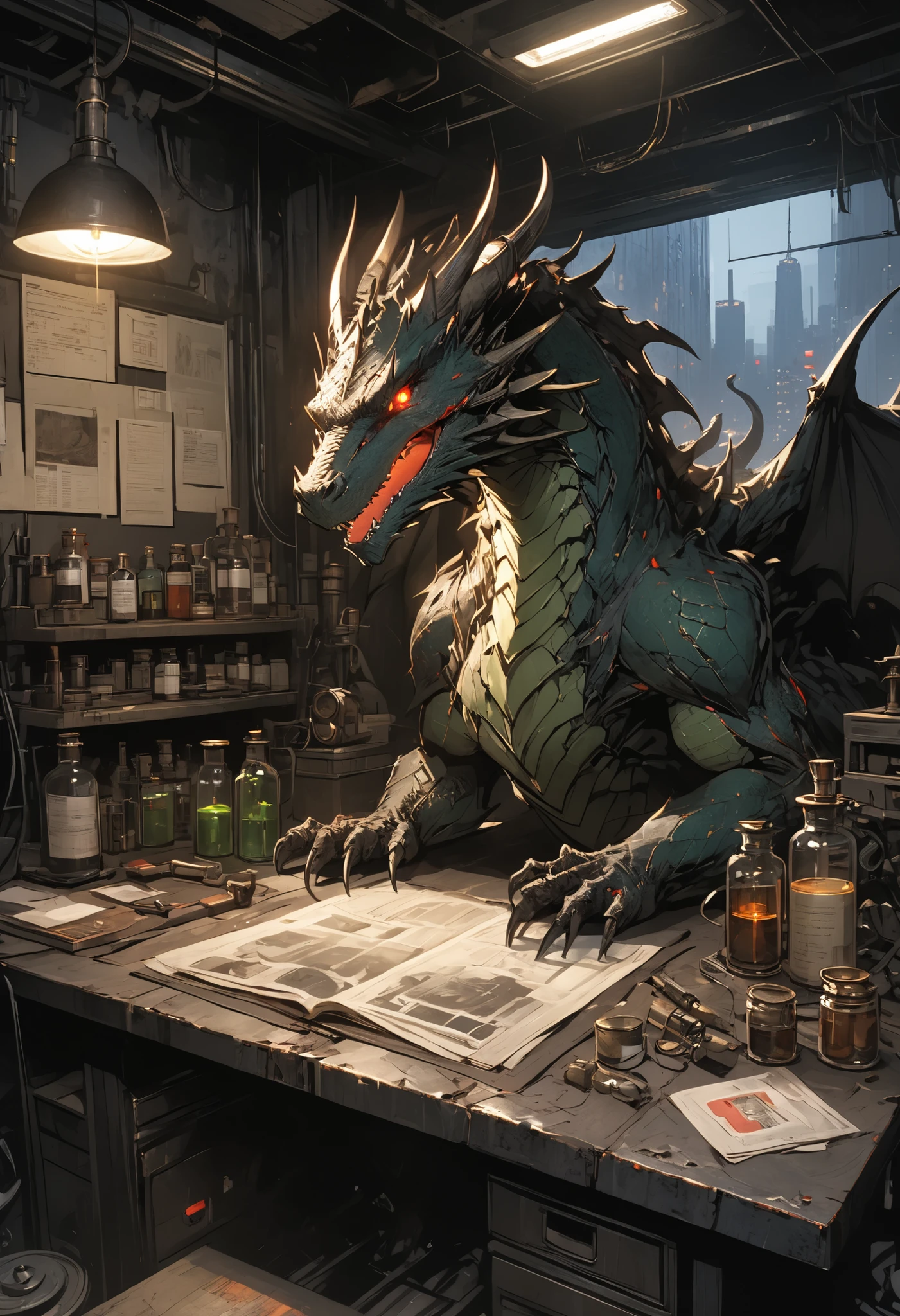 ruinsの Barbell Alchemist、散らかったTest Bench、wonderfulなmedicine、colorful bottle 、flask、 beaker 、彼女は他にどんな風変わりなcreateを生み出すのだろうか、handmade dragon、Making a little dragon、Hand riding dragon on desk、cute expression，determined，glowing eyes ，looking atviewer 、Detailed Paintings {x} A Corner of a Skyscraper Where No People Have Gone、 modern building in front of automatic doors、Night view、Dots from the Window々and City Lights Visible、bright color,beautiful eyes,A delicate smile,Textured Skin,masterpiece,Kilo,best quality,gentle and beautiful woman,
masterpiece，（masterpiece），fuill body ,best quality ，（最High Quality）， cinematiclighting ，（cinematic lighting）、beautiful detailed eyes ，eye detail connected to an electric wire，uitra-detailed，（Super Detailed），highresolution， （high definition），8k，8K resolution，official art，（official illustration style），
High Quality,8K,real,Picture,Super Detailed,masterpiece, Barbell Alchemist,Test Bench,medicine,wonderful,create,ruins, dark,Gloomy,horror, dark色調,dark art