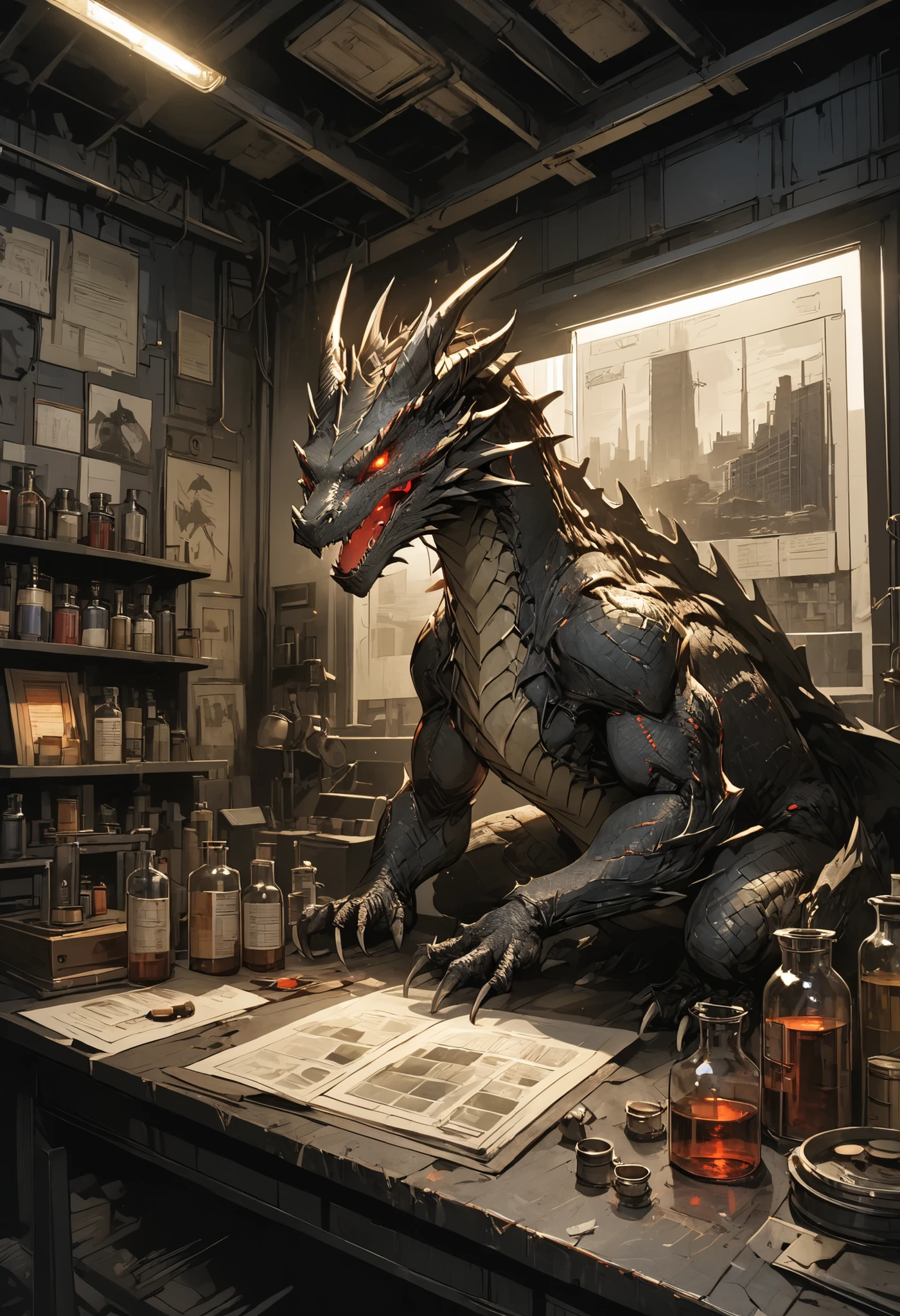 ruinsの Barbell Alchemist、散らかったTest Bench、wonderfulなmedicine、colorful bottle 、flask、 beaker 、彼女は他にどんな風変わりなcreateを生み出すのだろうか、handmade dragon、Making a little dragon、Hand riding dragon on desk、cute expression，determined，glowing eyes ，looking atviewer 、Detailed Paintings {x} A Corner of a Skyscraper Where No People Have Gone、 modern building in front of automatic doors、Night view、Dots from the Window々and City Lights Visible、bright color,beautiful eyes,A delicate smile,Textured Skin,masterpiece,Kilo,best quality,gentle and beautiful woman,
masterpiece，（masterpiece），fuill body ,best quality ，（最High Quality）， cinematiclighting ，（cinematic lighting）、beautiful detailed eyes ，eye detail connected to an electric wire，uitra-detailed，（Super Detailed），highresolution， （high definition），8k，8K resolution，official art，（official illustration style），
High Quality,8K,real,Picture,Super Detailed,masterpiece, Barbell Alchemist,Test Bench,medicine,wonderful,create,ruins, dark,Gloomy,horror, dark色調,dark art