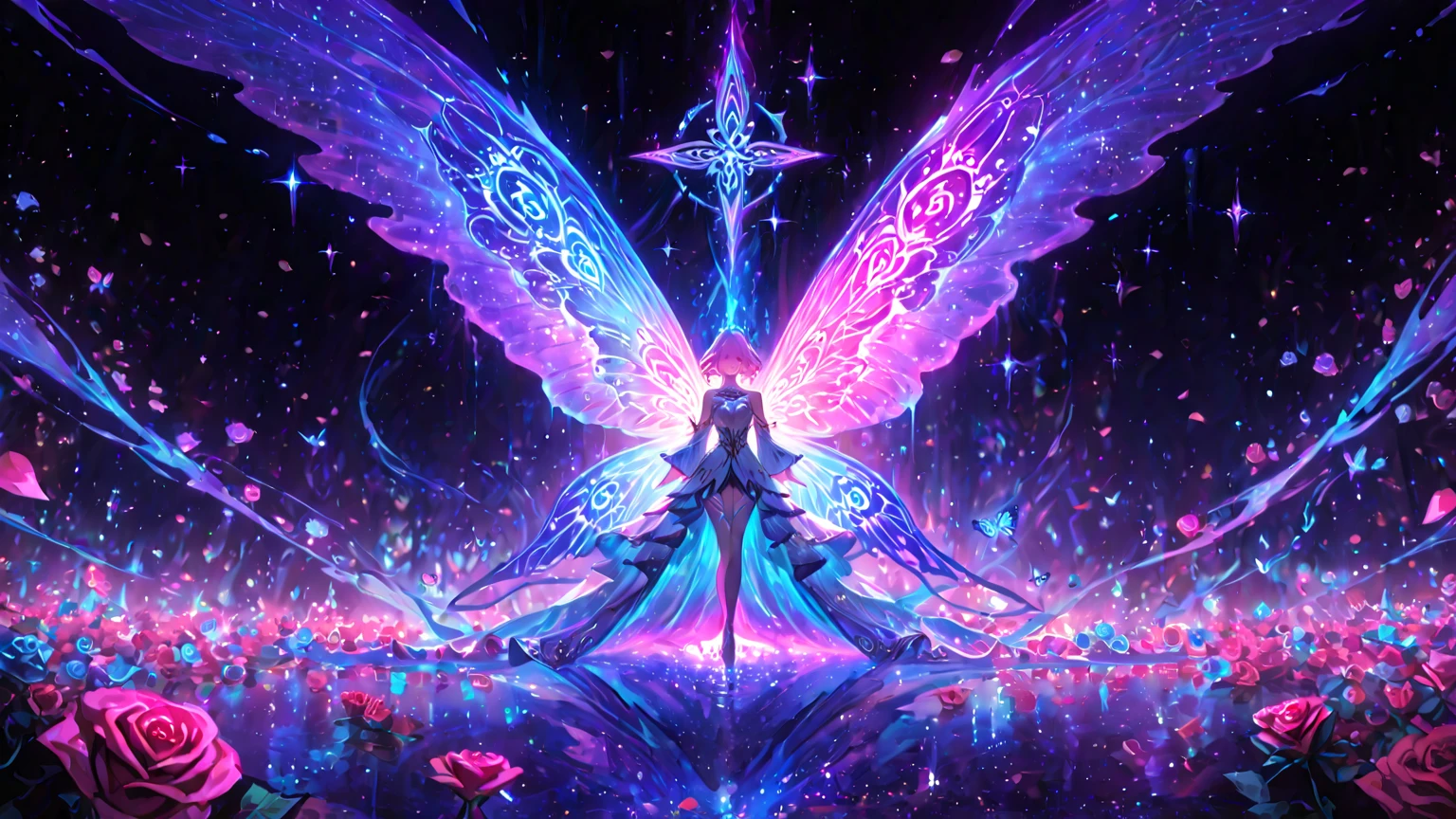 outdoors, sword, crowd, , single hair bun, makeup, light particles, wings, weapon, multicolored