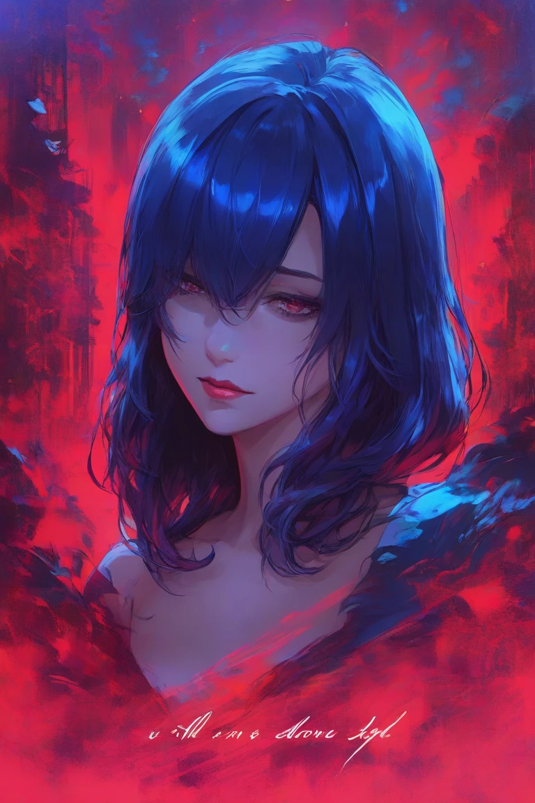 (masterpiece)、(absurdres)、(ultra detailed),Crazy Eyes、despair、Dark Side、closed mouth,Blood droplets、darkness,Blood pool space、Blood dripping background:1.3、solo girl、slender:1.1、shiny ultramarine hair、straight hair、short bobcut:1.1、hair covering one eye:1.1、small :0.8、ultramarine eyes:1.2、irisless eyes:1.1、white gothic dress,black detailed,birds-eye angle,