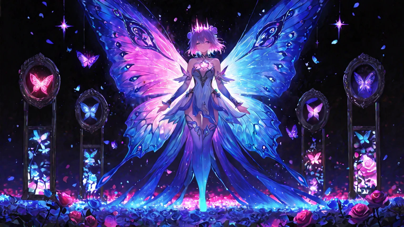 scenery, 1 girl, Pink hair、Lori、小柄、Gamine、Star Elements、Pink costume、magical girl costume、Star Hat、Magical Girl Gloves、Magical Girl Boots、Active Pose、Standing Picture、Mini character style、GameCG, from back, fighting against huge monster on back ground