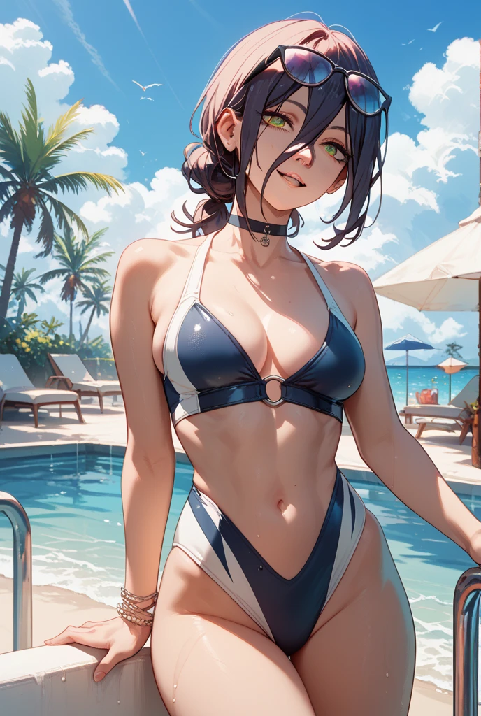 4K,8k,High resolution,Pink Swimsuit、
Quite a young woman,Blue Hair、Ponytail Blue Swimsuit、
(Soft Saturation:1.3), (Fair skin:1.2),
(ultra-Detailed Background, Detailed Background), Bokeh,
break'Smiling portrait.,
When viewed from the front, The composition is symmetrical,
Looking straight at you with serious eyes,
break Swimwear, Blue , Center of , 
Outdoor, Sea surface, null, sunlight,Summer beach, Sandy Beach,
Strong light, Front lighting, 
(Teen:1.3), (Cowboy Shot:1.2),
Front brake angle,
View your viewers,
Dynamic pose,
sitting on the beach
Wakame seaweed、Wakame seaweed、
Seaweed、Seaweed、Seaweed、Seaweed、Seaweed、Seaweed、Seaweed、