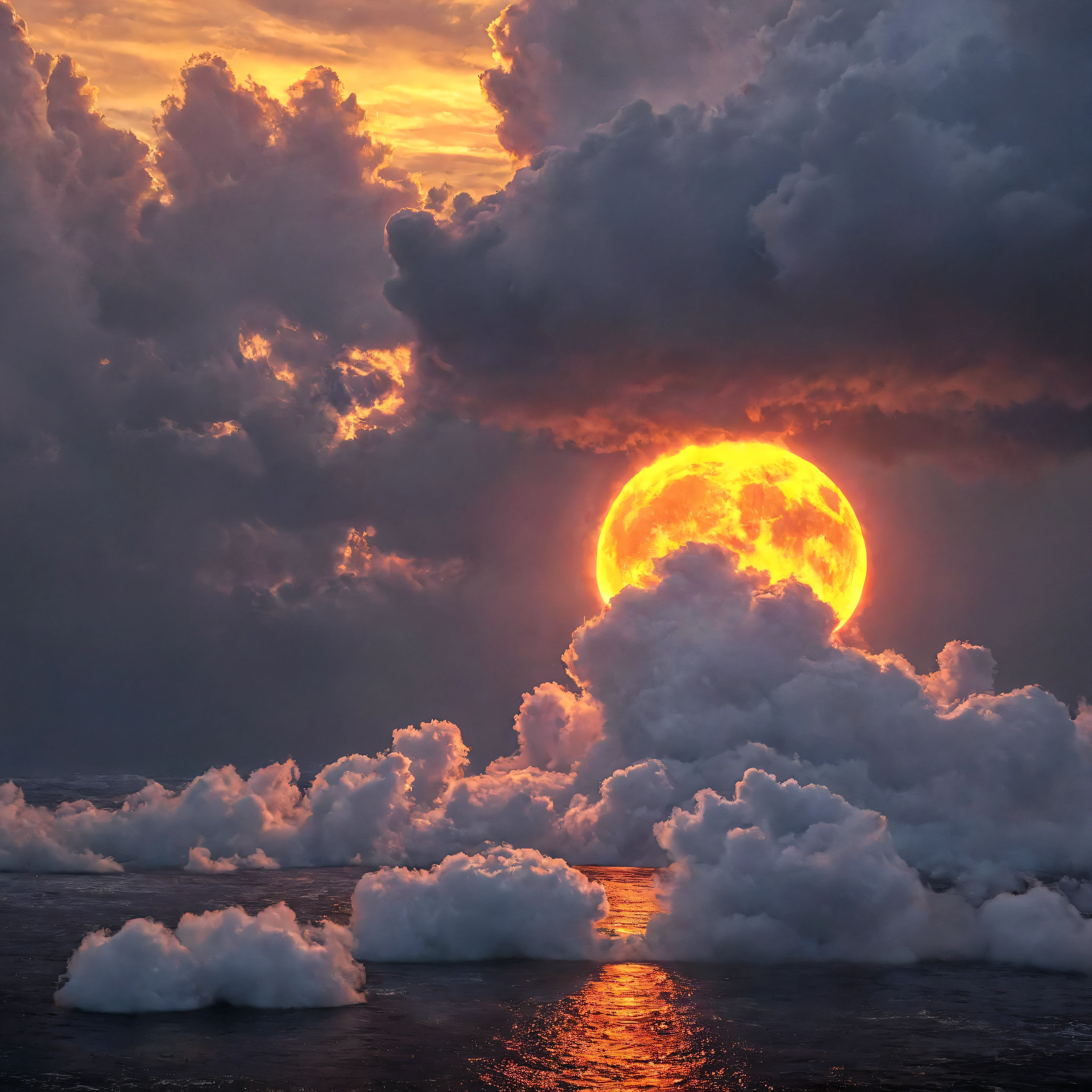 Ultra-realistic, photo-realistic, ultra-detailed, bright vibrant colors, 3D rendered realism, an electric blue sky with billowing light lime green cumulus in front of white and dark green clouds partially covering an enormous super bright orange and burnt orange sun with tiny fragments of purple in it. Bright slime green liquid pours out of the overhead clouds and drips into the dark waters below it. The great fireball that is the sun illuminates and enhances the glow of the clouds and brings out all the other colors. Realistic vision,  hyperrealism, surrealism, aesthetically incredible, fluorescent colored lights, advanced brightness, trails of color, psychedelic vibrant colors, glowing colors, melting plasma, twisted dark fantasy art style in photorealism.  Realisticism. 