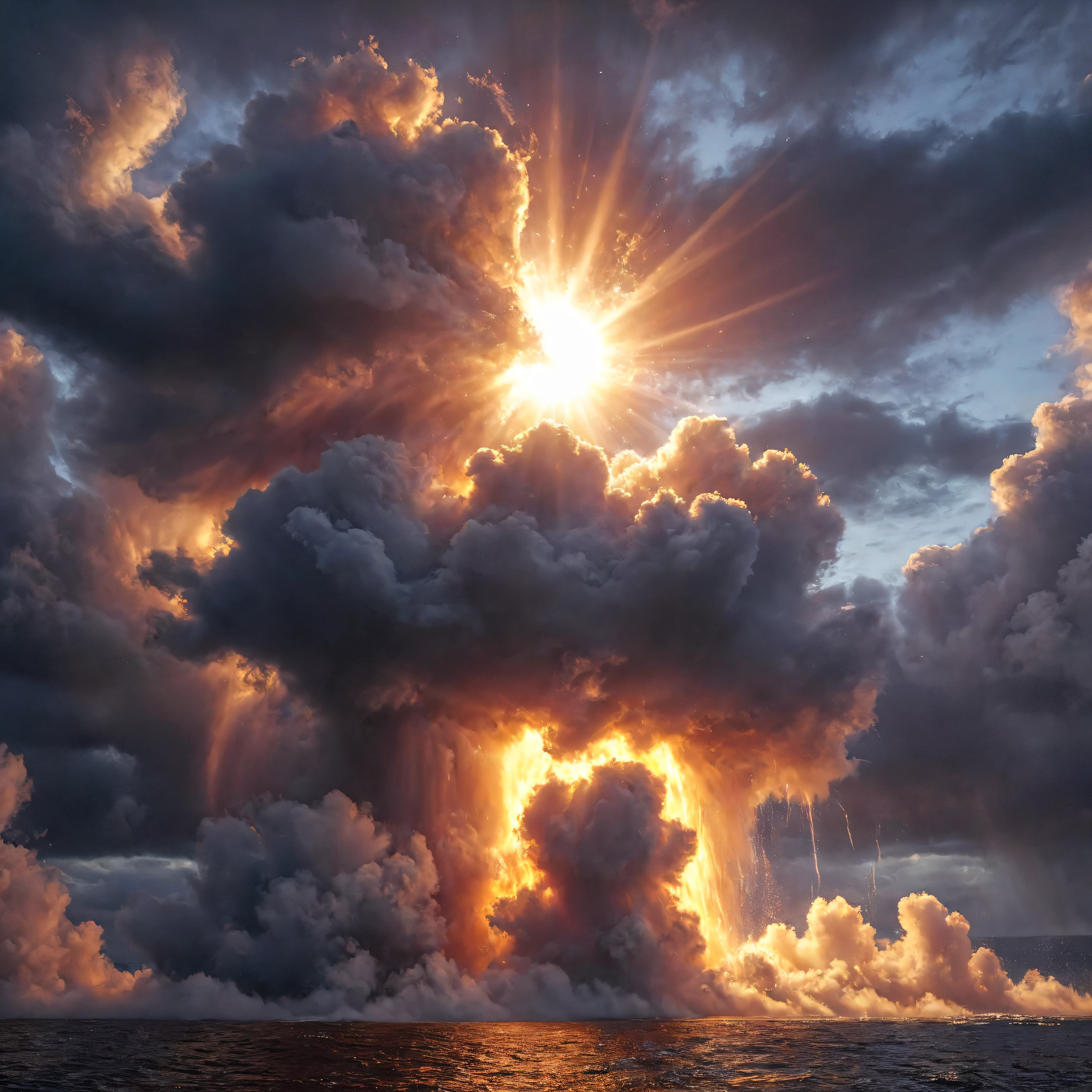 Ultra-realistic, photo-realistic, ultra-detailed, bright vibrant colors, 3D rendered realism, an electric blue sky with billowing light lime green cumulus in front of white and dark green clouds partially covering an enormous super bright orange and burnt orange sun with tiny fragments of purple in it. Huge amounts of bright slime green liquid pours out of the overhead clouds and into the dark waters below it. The great fireball that is the sun illuminates and enhances the glow of the clouds and brings out a purple and red around the outside edges of the clouds. Realistic vision, hyperrealism, surrealism, aesthetically incredible, fluorescent colored lights, advanced brightness, trails of color, psychedelic vibrant colors, glowing colors, melting plasma, twisted dark fantasy art style in photorealism. Realisticism.