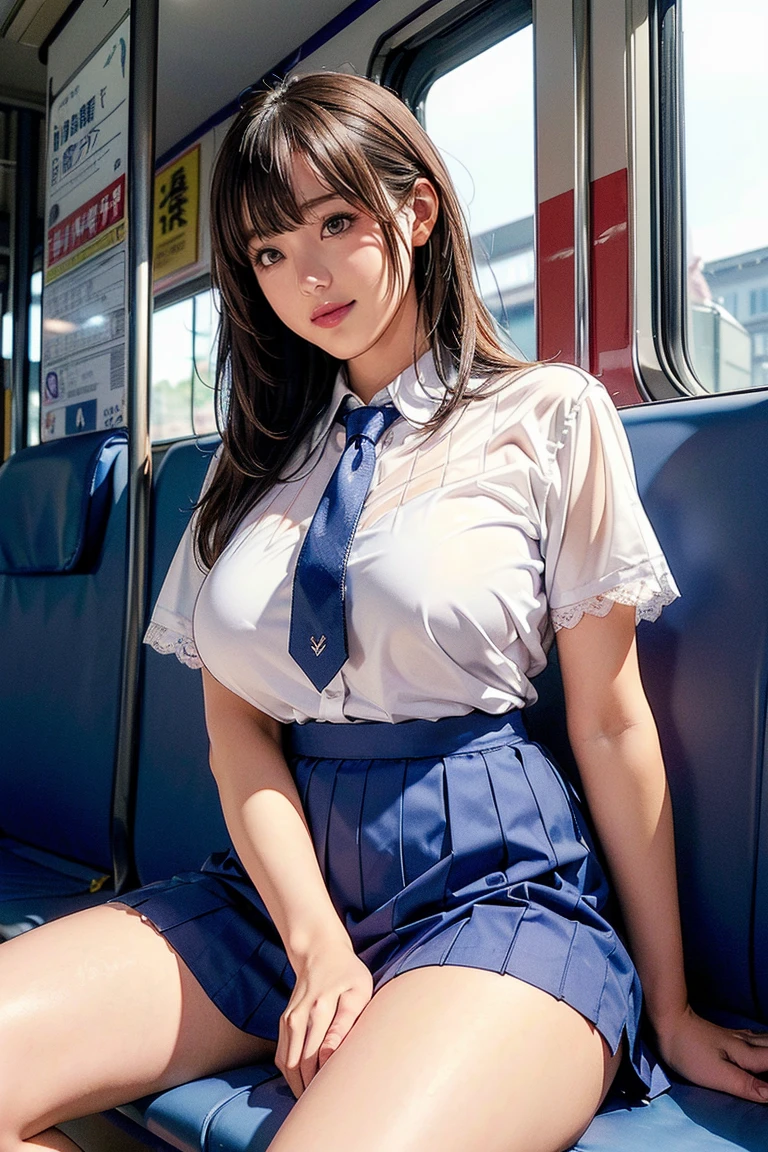 Highest quality,Very detailed,masterpiece,Realistic,Realistic,Bright lighting,One Girl, Very beautiful 17 year old girl, (cute:1.2),A faint smile, (Brown eyes),(Brown haired),(prohibit),Shortcuts、Perfect glowing skin,Perfect Skin,((??????,???? and ???????? ????????)),((Precise needles without discomfort)), Big ample ???????,Accentuate your cleavage、??????????? and small waist, Look at the viewers,((Sailor suit)),((Short sleeve uniform white shirt)),(Red tie),(Mini pleated skirt in blue),(((Roll up the skirt yourself))),(I lifted it myself),(Showing panties),Wearing panties,????? Focus,((get up,Spread your legs)), socks, (黒のニーsocks),(Loafer shoes), Daytime,in the train,Sit sideways with your back to the window