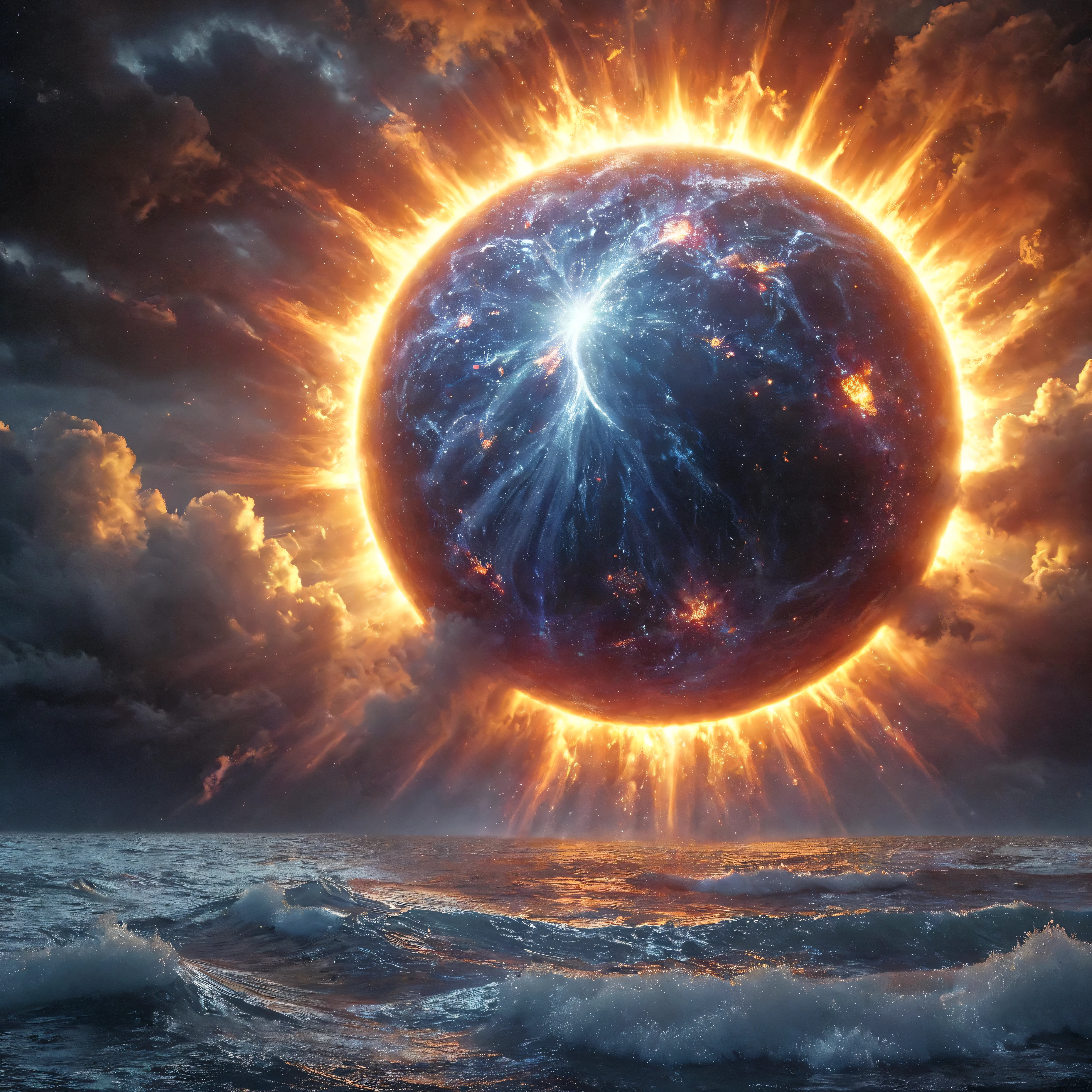 Ultra-realistic, photo-realistic, ultra-detailed, bright vibrant colors, 3D rendered realism, neon colors,an electric blue sky with billowing light lime green cumulus in front of white and dark green clouds partially covering an enormous super bright orange and burnt orange sun with tiny fragments of purple in it. Huge amounts of bright slime green liquid pours out of the overhead clouds and into the dark waters below it. The great fireball that is the sun illuminates and enhances the glow of the clouds and brings out a purple and red around the outside edges of the clouds. Realistic vision, hyperrealism, surrealism, aesthetically incredible, fluorescent colored lights, advanced brightness, trails of color, psychedelic vibrant colors, glowing colors, melting plasma, twisted dark fantasy art style in photorealism. Realisticism.