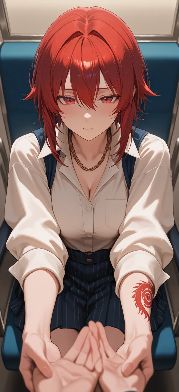 1girl,red hair,blue eyes,student,sweaty body,white t shirt,blue short pants,sport build,blushed,shy,normal hair