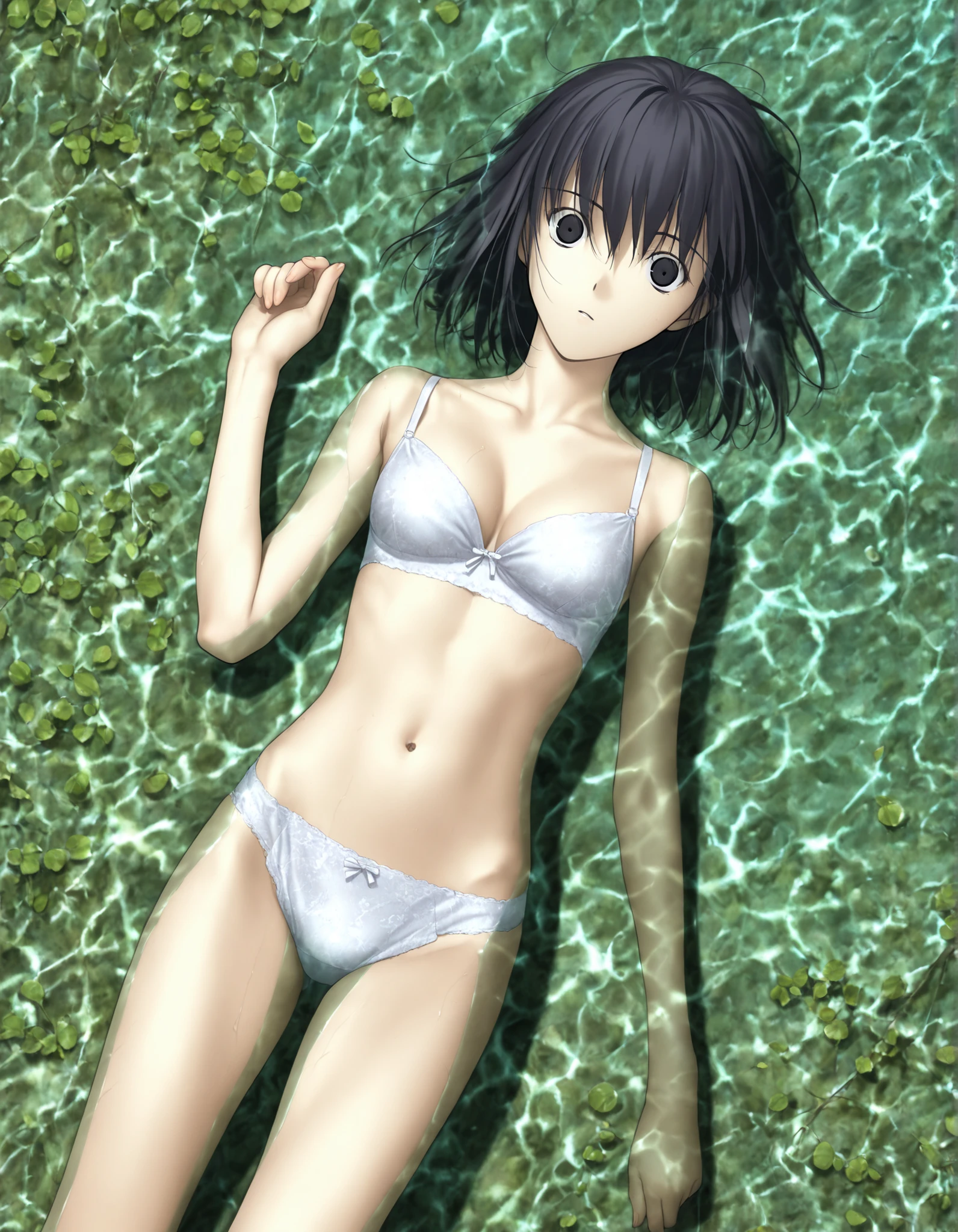 (sunlight) ,(),, from above,(), (dutch angle), pale skin, (on back, on water), (in lake),
                                                                                                                                                                                                                         1girl, solo, <lora:Witch on the Holy Night_illustriousXL:1>, koyama hirokazu style, ,(head tilt),(cleavage), , ,
   
girl, slim arms, slim body, ,kuonji alice ,black hair ,short hair ,hair between eyes ,black eyes, ,(no pupil), (wide-eyed), navel, (only  style), pale lacy bra, lacy panties, ,looking at viewer, (very small ), , hand up, nervous,
