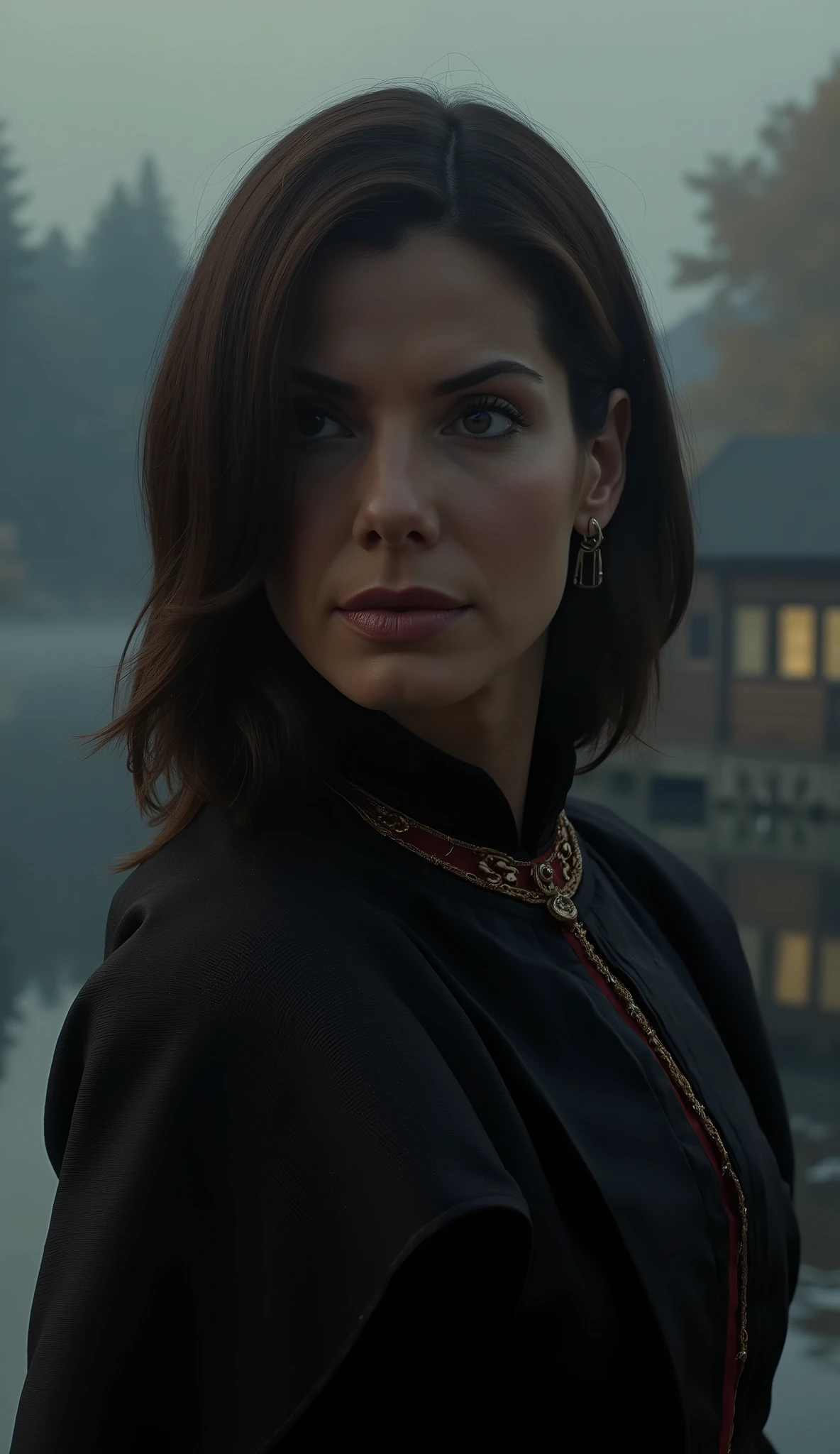 Sandra Bullock with smooth dark brown hair, partially loose over the shoulders. Wear dark costume with red and gold details, high collar and refined-looking fabric. Bring cool mist around, dramatic side lighting with gold and blue reflections, fundo desfocado, with a wooden house and a realistic cinematic lake, ultra-detalhado, v5, intense and powerful atmosphere.