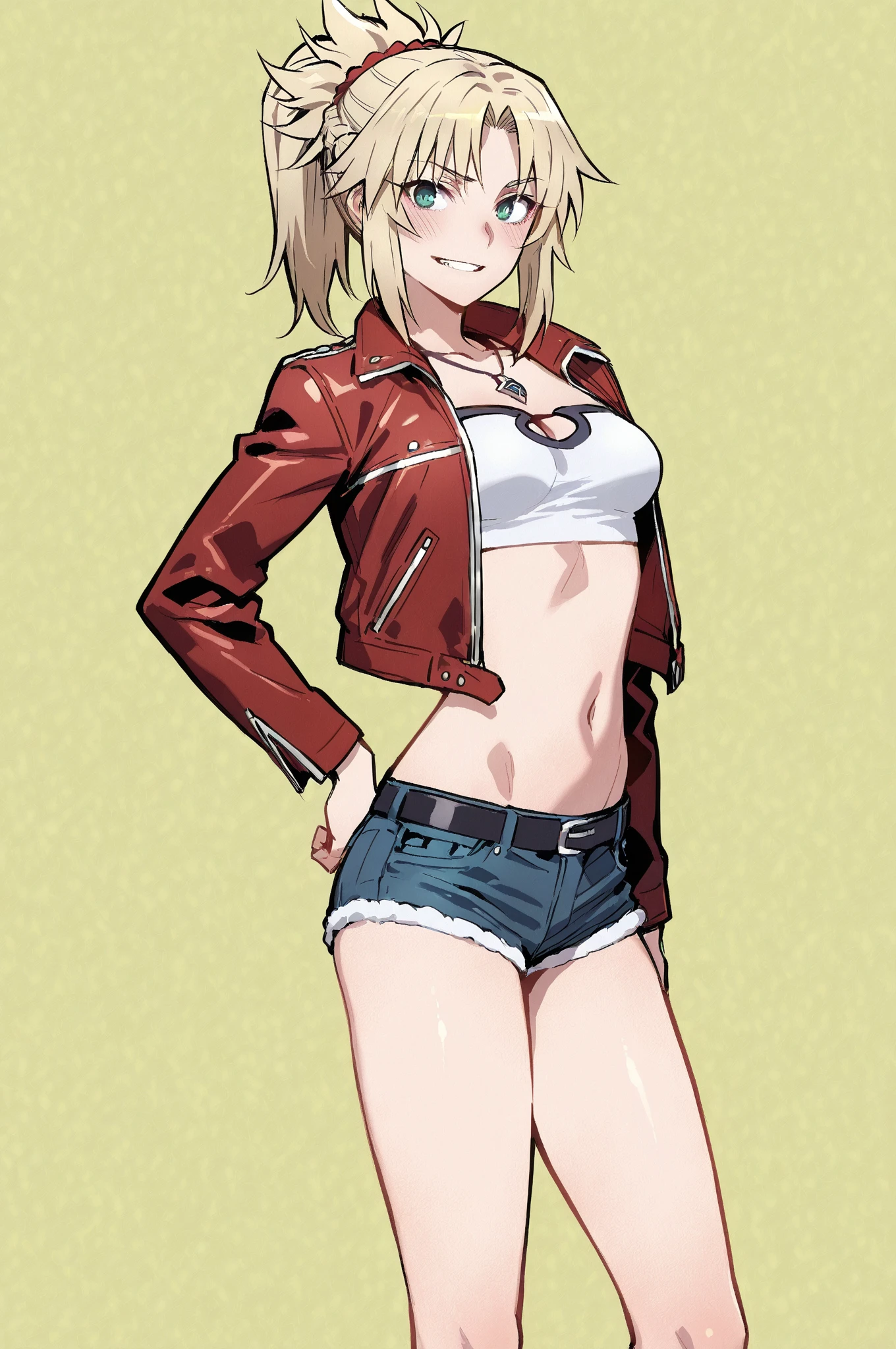 Mujer .rubia ojos azules.cabello rubio dorado , viste  shorts. Campera de cuero rockera. Torso desnudo. 