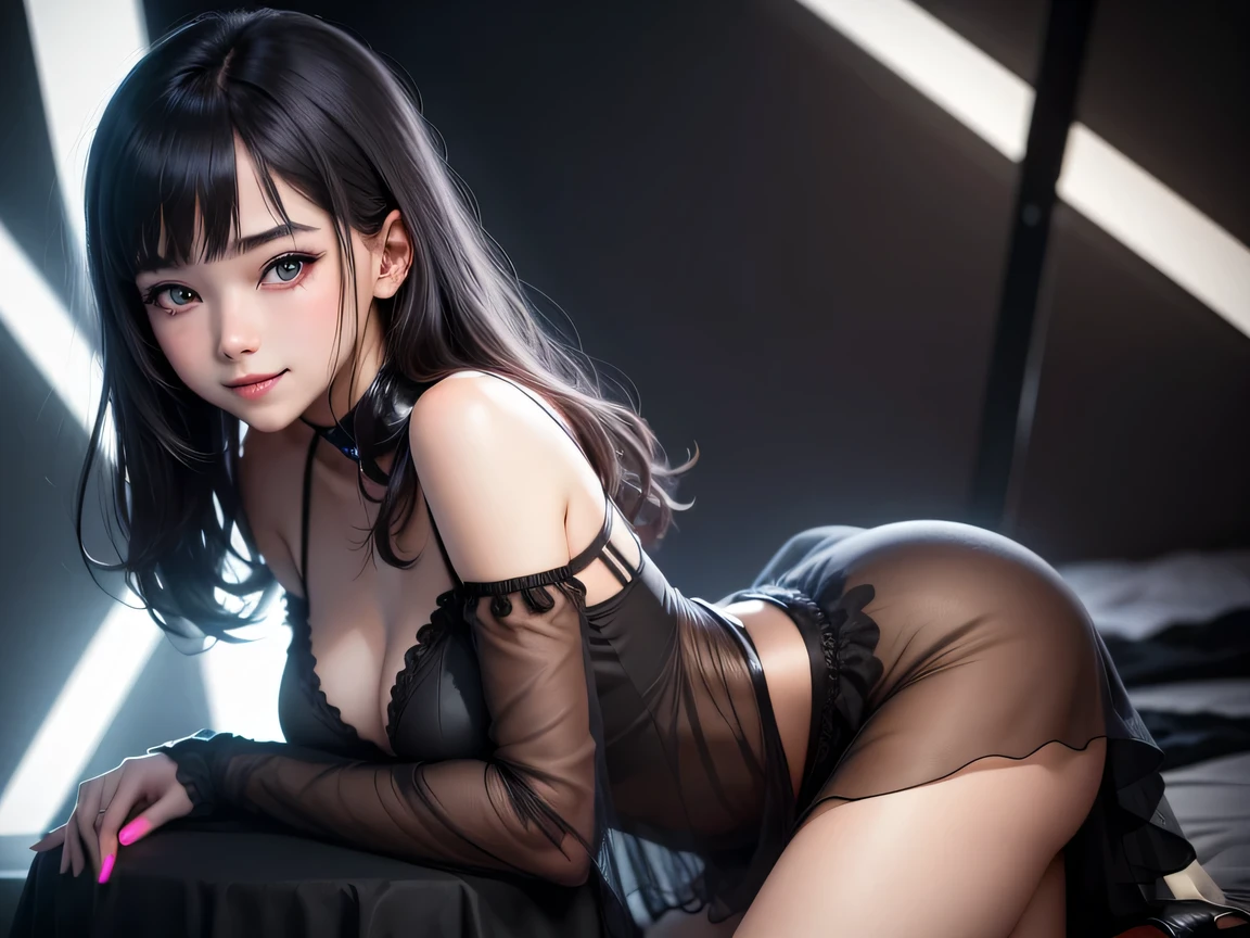 ((night)), (red moon), (modern hair)),future  cyberpunk theme, she is a skinny and toned 25 year old sexy and perfect and intimidating Japanese/American skinny/tone futuristic evil retribuition alice, pale white skin, sitting on the corner of the bed, eye contact, (full tall body is shown), ((( hair with short ponytails and bangs))), she is standing far enough away that you can see her full body, wallpaper, perfect face and eyes, she has a skinny and athletic body wearing pantyhose, only her full body is shown above the viewer looking down at him, perfect face, perfect strong jawline, perfect lips, best resolution, perfect bone structure, , she has a skinny and toned young perfect body and legs, she is a dominate looking  demon with tight stockings and garter belt, looking down at the viewer, full body, perfectly proportioned body, short hair, young/modern hairstyle hair 2 ponytails and bangs, she is in a bedroom on a bed, ((not )) ((best detail)) ((best body and face detail)) (((Perfect face and jawbone))), ((closed mouth)), ((((black )))), (she is sadistic), (((Perfect bone and  structure))) () (tight ) ((stockings)), best qualtiy, Full body，((refined face)) ，tone figure ,very Tight black 、, ,(Accurate and perfect face:1.3),(Long legs:1.3), eerie lighting, masutepiece, super detailing, High quality, high detailing, Best Quality, 16 K，dramatic lighting 、Sweaty all over ((())). (( dripping from  under her )), (((Skinny))) ((sexy and intimidating pose from above)), pin-up, . domination, perfect feet. fit body, power, and control. ((skinny and toned body)), toned butt, abs, perfect, no deformed body part (masterpiece).(((not fully ))) (((sexy ))) (((stockings))) (perfect face) (), impending death. (masterpiece) (perfect proportion)(realistic photo)(best quality) (detailed) (8k) (HDR) (((dark/nighttime))) (cinematic lighting) ,scary,