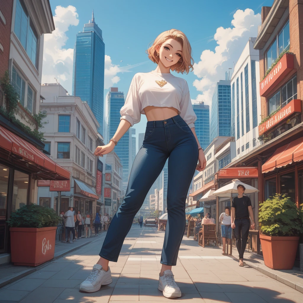 blue_sky, building, bush, cliff, cloud, cloudy_sky, day, forest, grass, horizon, house, jungle, lake, lens_flare, light_rays, mountain, nature, outdoors, path, pine_tree road, scenery, sky, sun, sunbeam, sunlight, sunset, tree, tree_shade, water, (Woman:1.4), blonde hair, (green eyes:1.2), tight jeans, black t-shirt, walking, short hair, solo, smiling, hands behind body