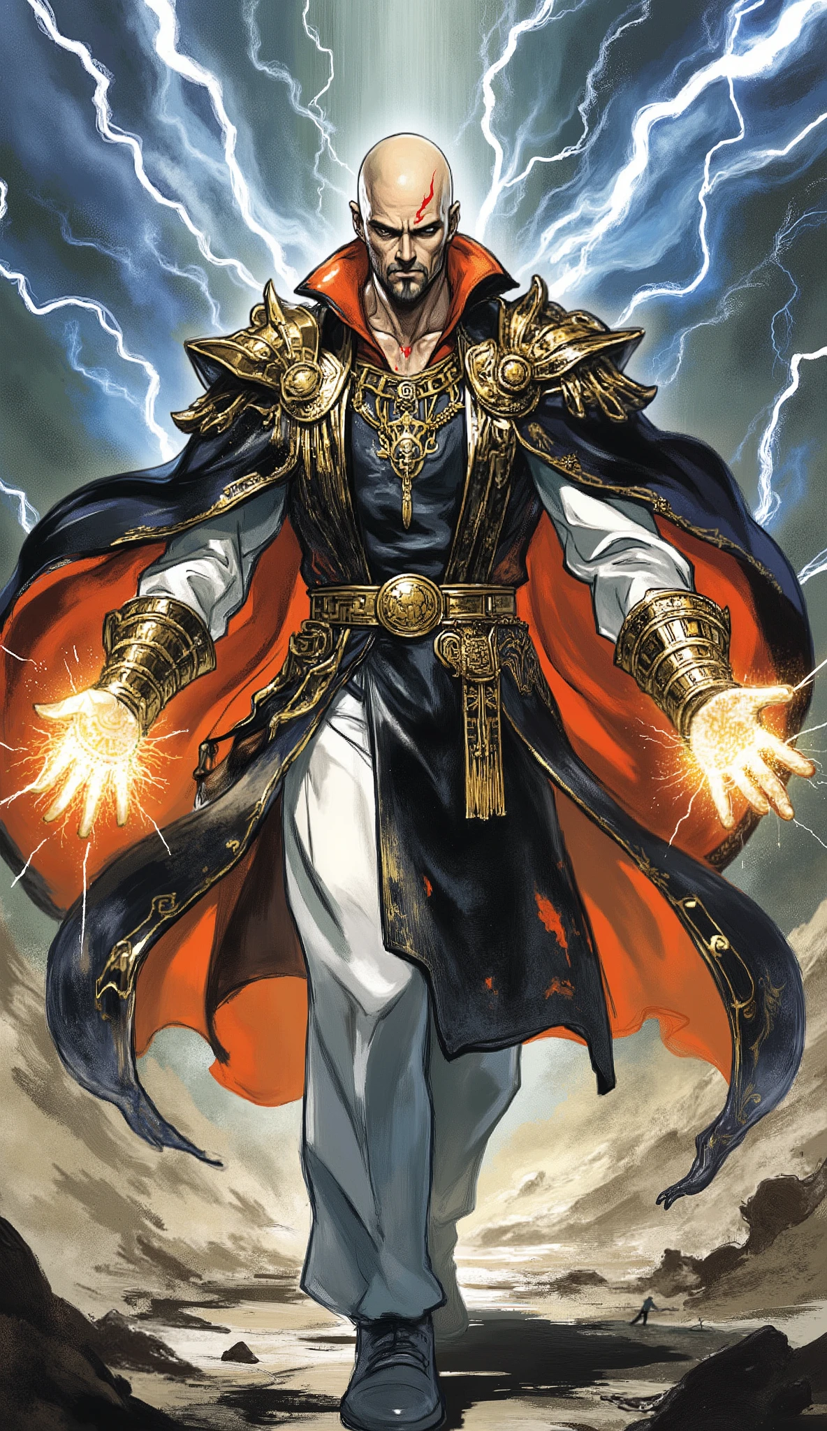 masterpiece, best quality, beautiful and mature anime illustration art, fantasy wuxia style, dynamic angle, cinematic lighting, full of power.
A bald man with a red tattoo extending from his head down his face. His eyes are deep and wise, as if they can see through everything. His facial contours are sharp and hard-lined, showcasing a heroic and extraordinary temperament. He has a neatly trimmed goatee. His expression is serious and firm, revealing an unquestionable sense of authority. His physique is strong yet slender, with broad shoulders and solid muscles.
He is dressed in a fantasy-style dark long robe coat, with a high-necked dark garment underneath, white sleeves, and loose trousers. His shoulders are adorned with luxurious gold decorations and a gorgeous dark cape with a bright orange-red lining. He wears a luxurious multi-layered gold necklace and a round badge on his chest. A wide, ornately decorated belt with a gold buckle and ornaments is tied around his waist, and he has matching style bracers on his arms.
His hands glow with a dazzling light, and electric arcs surround his body. The ground beneath him is cracked and shattered by his power.
The image portrays a hegemon character that combines power, majesty, and luxury in a fantasy martial arts style, with perfect human anatomy, perfect hands, and five normal fingers.