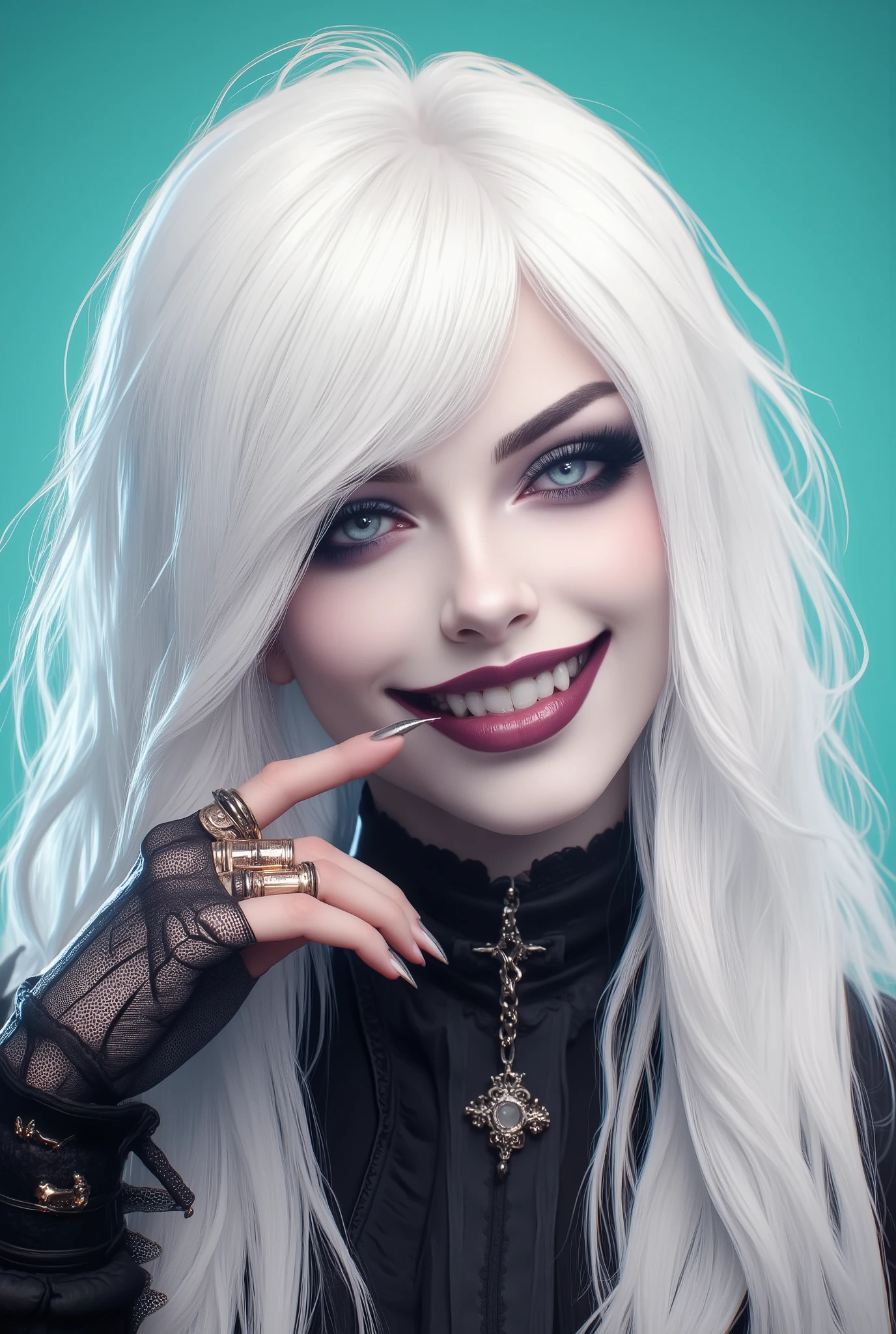 Image is a digital illustration featuring a modern comic book style character with long, flowing white hair that covers part of the face. The character has a light skin tone and is depicted with a playful expression, smiling with eyes half closed. The character's lips are slightly parted, revealing vampre teeth, and a finger is raised to the lips, adorned with multiple silver rings. The character wears a black lace glove on one hand, adding a gothic touch. The background is a gradient teal color, providing contrast to the character's hair and attire. The overall composition is centered, focusing on the character's face and upper body, with a sense of whimsy and elegance conveyed through the art style.