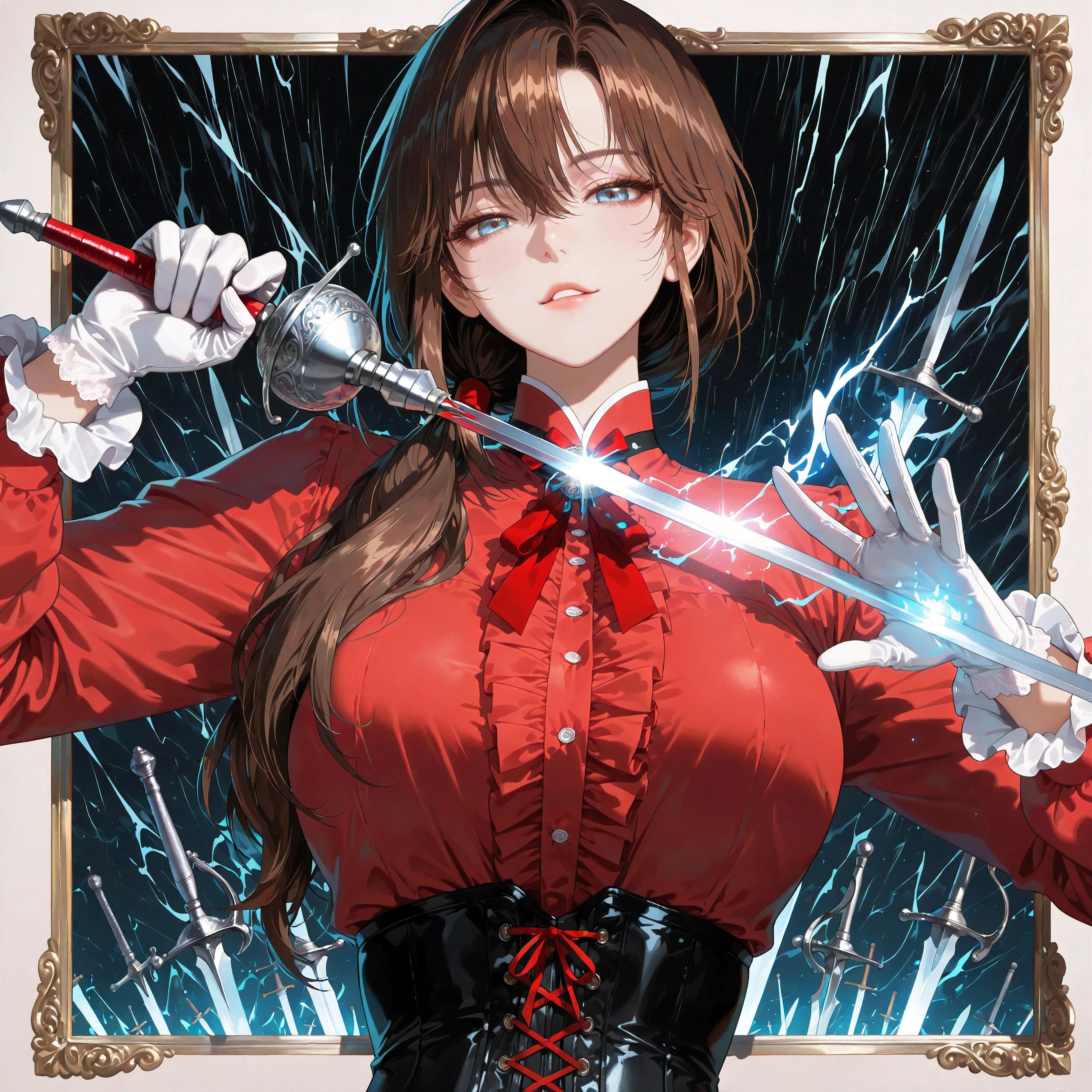 EyesHD,detailed eyes, anime eyes, high detail eyes, light blue iris, light blue eyes, detailed iris, anime style, 748cmstyle, detailed eyes, high quality, 8K Ultra HD, masterpiece, best quality, very aesthetic, absurdres, (masterpiece, detailed:1.2), (Extremely detailed 8k unity CG wallpaper), (best illustration), Realistic lighting, beautiful detailed glow, (masterpiece, detailed:1.2), detailed eyelashes, thick eyelashes, long eyelashes, hazel brown eyelashes, ((hazel brown hair)), ((low ponytail)), ((hair over shoulder)), ((thick layered strands)), ((long hair)), hair between eyes, ((face-framing side bang)), ((Yoo Sangah (Omniscient Reader's Viewpoint))), ((solo)), ((1femalel)), ((25 years old)), ((adult)), ((tall female)), narrowed waist, large breast, narrowed eyes, ((teacher)), ((high-collar blouse)), ((red blouse (long sleeves))), ((center frills)), ((red ribbon tie)), ((black corset)), ((white wrist-length gloves)), ((silver-guard rapier with red grip)), light smile, parted lips, upper, very close-up, looking at the viewer, ((Korean manhwa style, Omniscient Reader's Viewpoint inspired, dramatic lighting)), ((perfect hand)), ((four fingers)), (Reverse Grip Stance (Sword held in reverse grip, blade downward)), (chaotic swirl of blades forming a dynamic border, motion blur and glowing edges, storm-like intensity)),