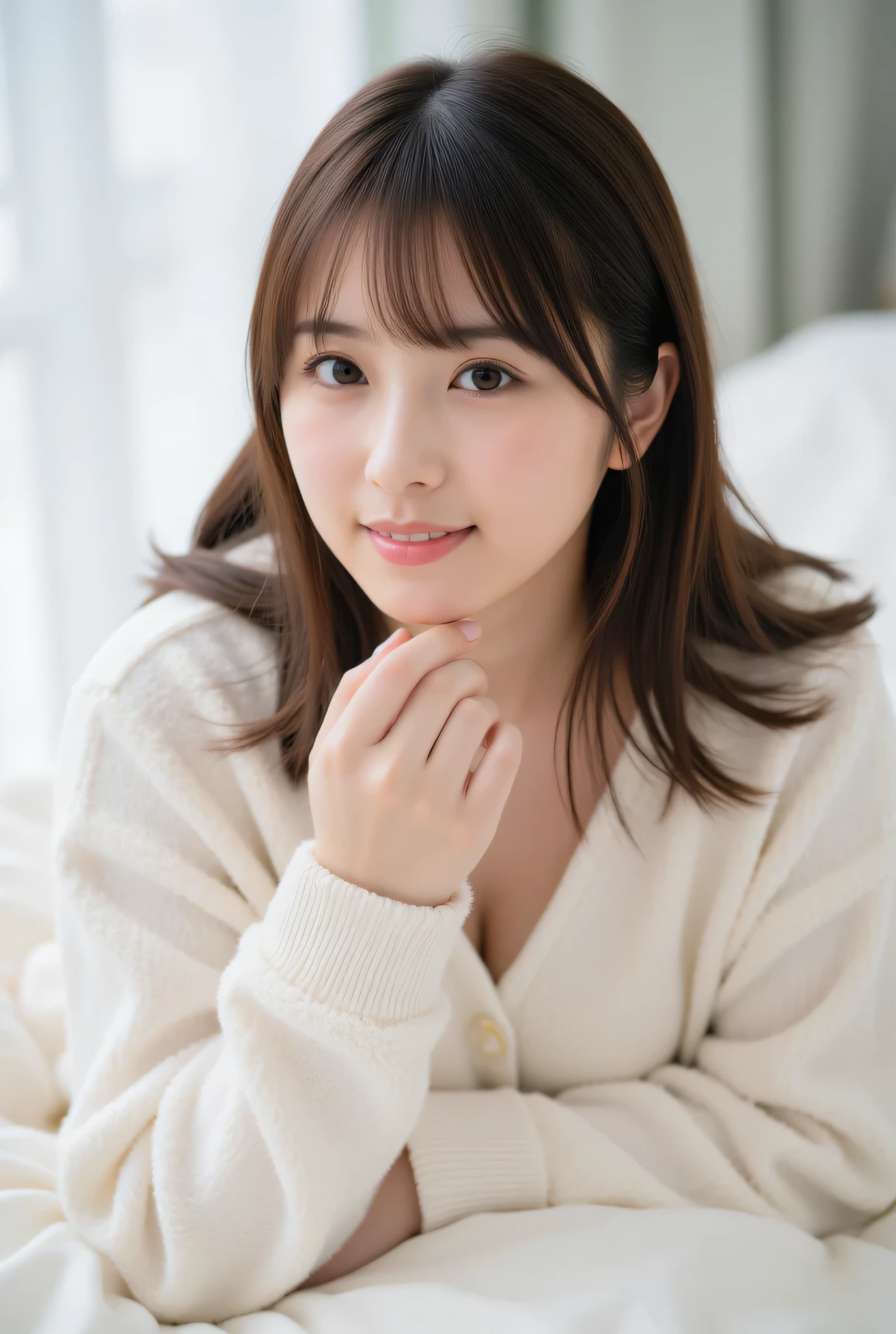 ultra detailed,8k,high resolution,beautiful detailed,high contrast,sharp focus, 50mm, f3,5,
best quality,super hyper realism,realistic,photorealism,(realistic skin:1.2),
japanese solo girl, no makeup, (from below:1,2), looking at viewer, straight-on cinematic portrait, shallow depth of field, ultra realistic, smile,
lying on side, lying on bed, fluffy fleece pajamas, oversized pajamas,