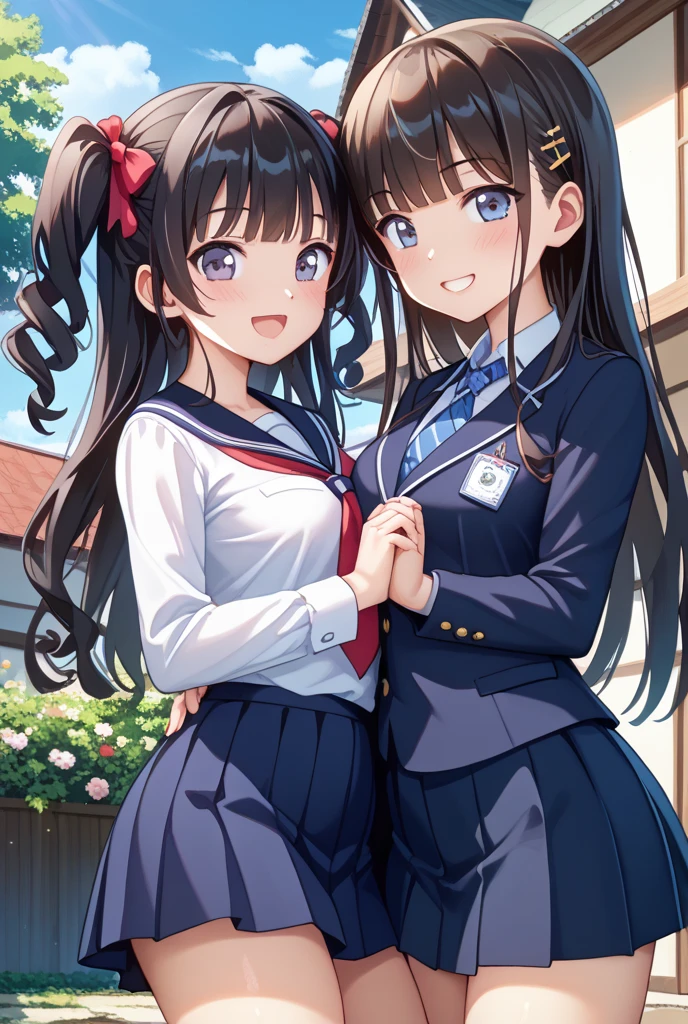 Two high school girls looking out the window in the classroom、 smile、