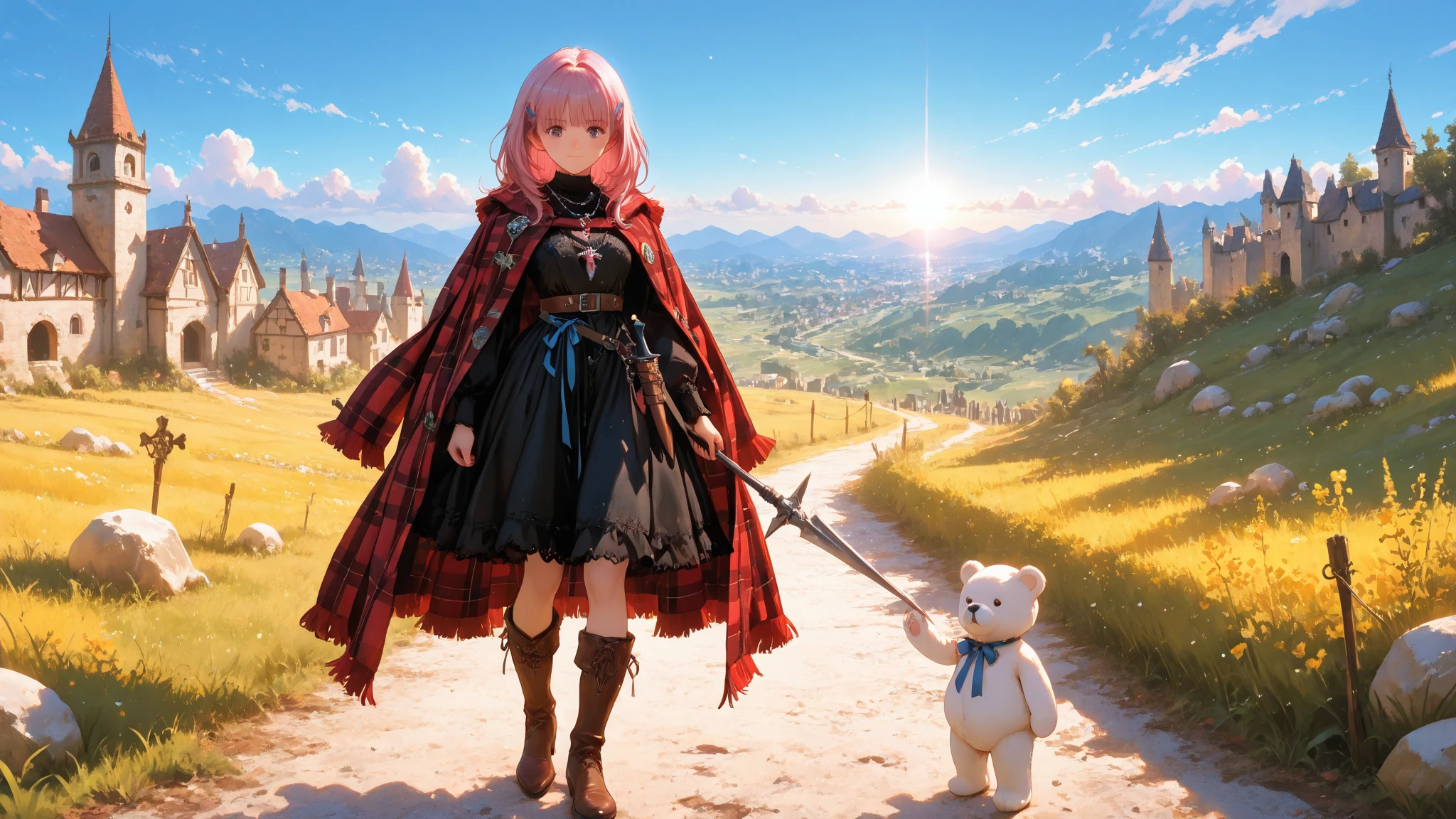 Super Detailed Depiction, Vivid Details, Perfect resolution, Yoshizuki iori, pink hair, Braided Hair, Ribbons Hair Accessories, cute hairpins, Delicate Necklace, small earrings, Iron Mace, Practical Adventurer's Belt, Gear with Multiple Pouches, Durable Leather Boots with Ribbons, Plaid Cloak, Practical Short Spear Held in the Right Hand, Sharp Spear Tip and Decorated Handle, Exquisitely Carved Spear Scabbard, Dagger hanging from the waist, Sharp Blade in a Scabbard, White Teddy Bear with a Ribbon Peeking Out of a Backpack, Village Exit where the sun shines in, Road Wrapped in Morning Mist, Adventure Path Seen in the Distance, sunrise sky, Feeling of elation of departure, expression full of anticipation, prairie wet with morning dew, A Scene Showing the Beginning of a New Adventure