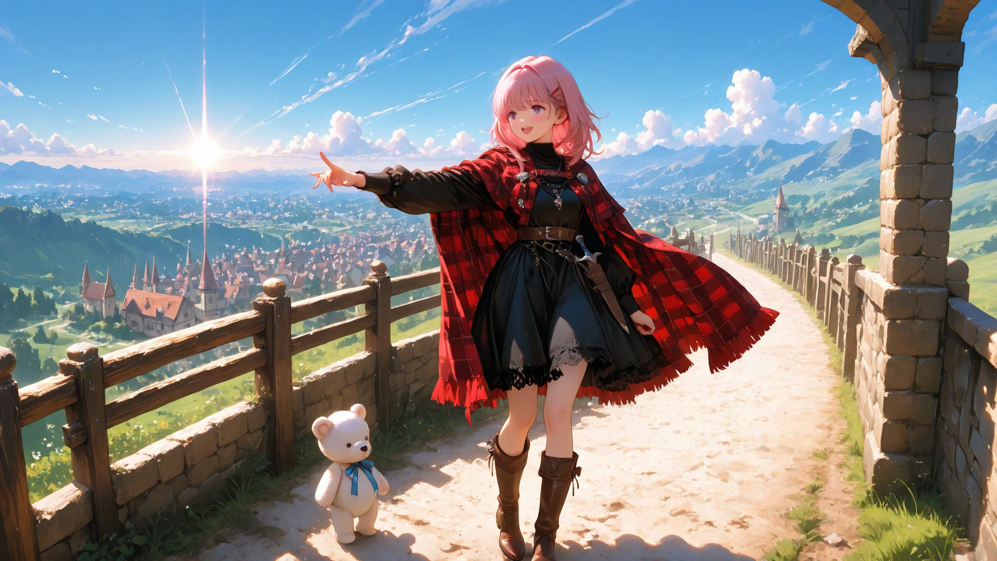 Super Detailed Depiction, Vivid Details, Perfect resolution, Yoshizuki iori, pink hair, Braided Hair, Ribbons Hair Accessories, cute hairpins, Delicate Necklace, small earrings, Iron Mace, Practical Adventurer's Belt, Gear with Multiple Pouches, Durable Leather Boots with Ribbons, Plaid Cloak, Practical Short Spear Held in the Right Hand, Sharp Spear Tip and Decorated Handle, Exquisitely Carved Spear Scabbard, Dagger hanging from the waist, Sharp Blade in a Scabbard, White Teddy Bear with a Ribbon Peeking Out of a Backpack, Village Exit where the sun shines in, Road Wrapped in Morning Mist, Adventure Path Seen in the Distance, sunrise sky, Feeling of elation of departure, expression full of anticipation, prairie wet with morning dew, A Scene Showing the Beginning of a New Adventure