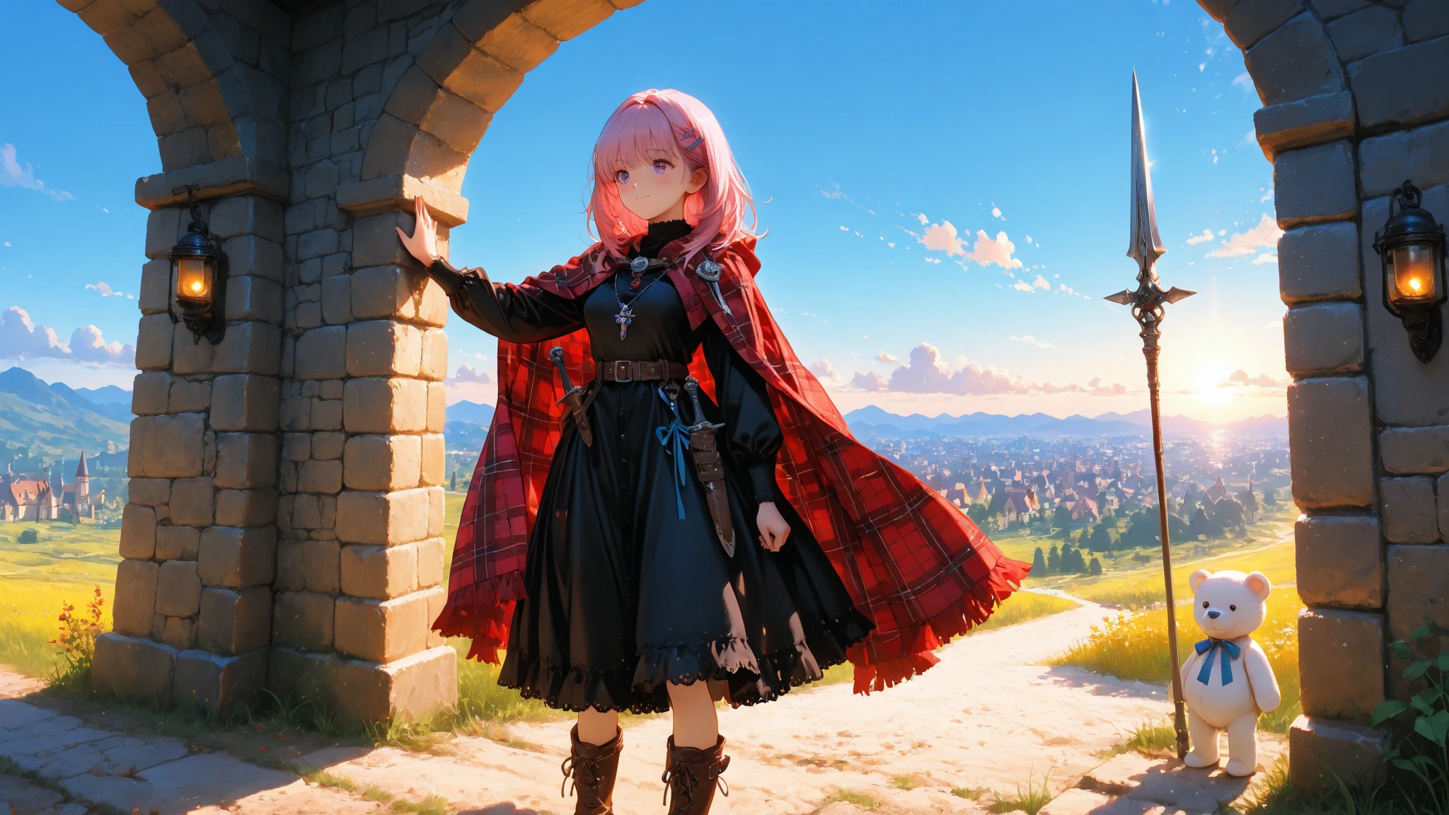 Super Detailed Depiction, Vivid Details, Perfect resolution, Yoshizuki iori, pink hair, Braided Hair, Ribbons Hair Accessories, cute hairpins, Delicate Necklace, small earrings, Iron Mace, Practical Adventurer's Belt, Gear with Multiple Pouches, Durable Leather Boots with Ribbons, Plaid Cloak, Practical Short Spear Held in the Right Hand, Sharp Spear Tip and Decorated Handle, Exquisitely Carved Spear Scabbard, Dagger hanging from the waist, Sharp Blade in a Scabbard, White Teddy Bear with a Ribbon Peeking Out of a Backpack, Village Exit where the sun shines in, Road Wrapped in Morning Mist, Adventure Path Seen in the Distance, sunrise sky, Feeling of elation of departure, expression full of anticipation, prairie wet with morning dew, A Scene Showing the Beginning of a New Adventure