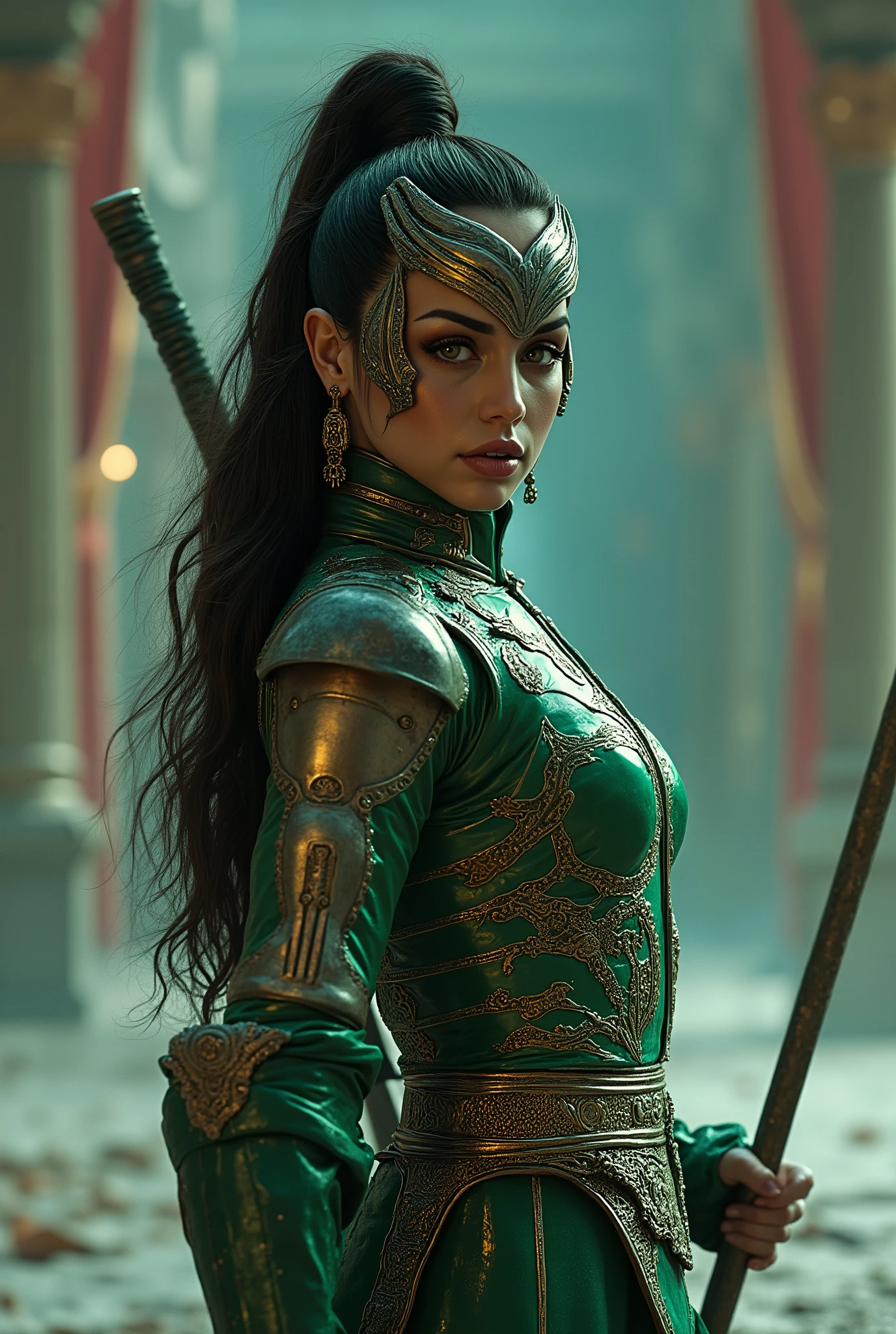 Here is a detailed prompt to generate an image **modelo** by Ana de Armas like a queen, Focus on the upper body:
---
**"Hyper-realistic close-up like queen. She is in a dynamic and combat-ready pose, holding her signature combat stick, with a confident and focused expression. You have a traditional costume reinterpreted with futuristic elements: shades of bright metallic green, intricate gold patterns and reinforced leather details. Her metal máscara partially covers her face, with tribal grooves and light reflections that highlight the shimmering material. The focus is on the face and upper body, highlighting skin texture, metallic reflections, your flowing hair and tight muscles. The lighting is cold and dramatic and cold with white tones, with shades of green and silver, creating contrasts between light and shadow. The background is a realistic setting of an ancient temple at night in ruins with broken white and red columns and cracked walls, objects and windows., a golden throne and green guards in the background with swords, with lights filtered by fog, sculpted stone columns and mystical sparks hanging in the air, adding depth and epic atmosphere ."**
---
**Extra Details for Realism:**
- **dura:** Mix of metal armor and flexible fabric, with illusion of movement (ex: mist and dust in the air reflecting light).
- **Fundo:** hyperdetailed textures on the stone columns and on the temple floor.
This prompt combines iconic jade elements with the unique look of Halle Berry, guaranteeing a cinematic and immersive result!