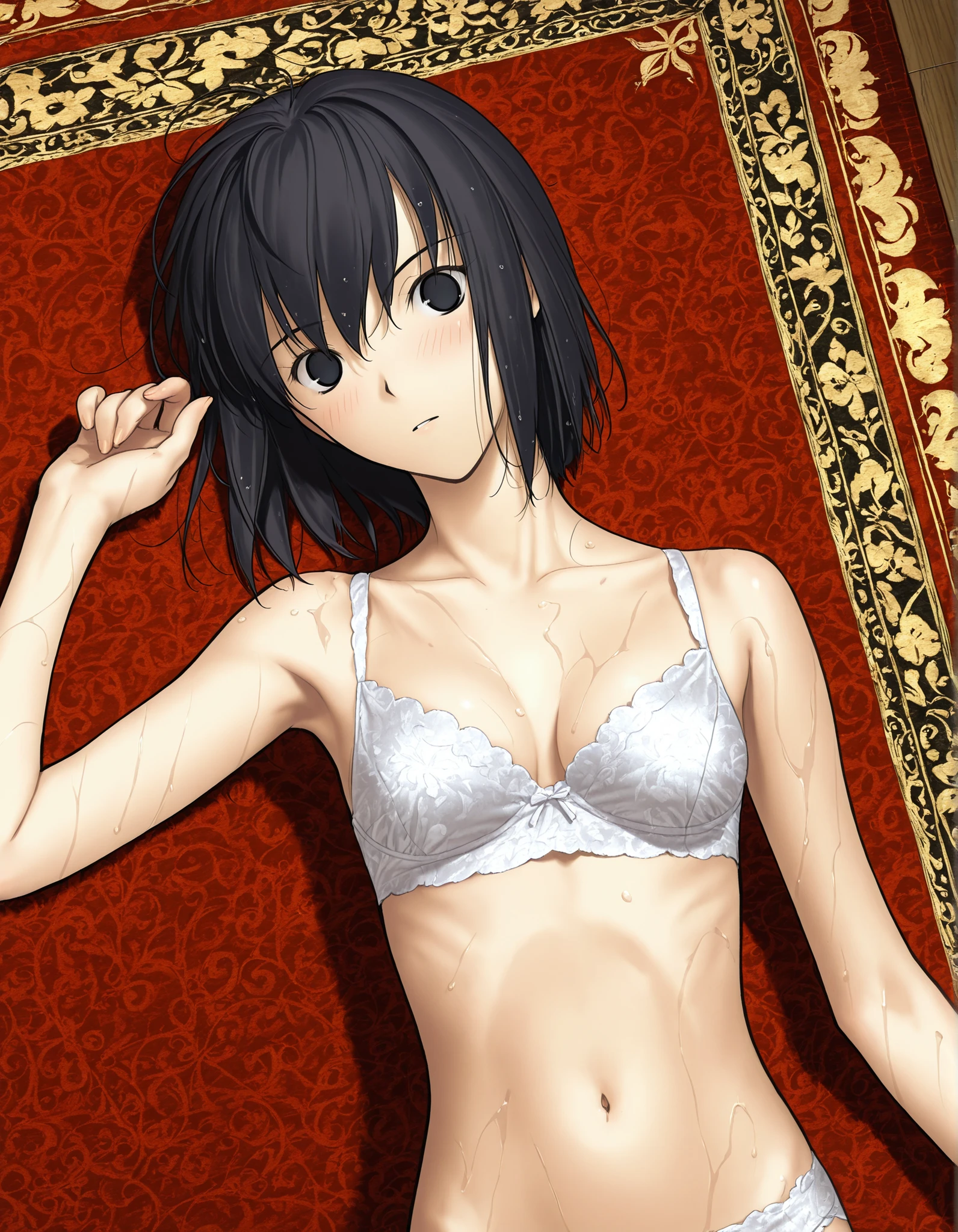 (sunlight) ,(),, from above,(), (dutch angle), pale skin, (on back, on carpet), upper body,
                                                                                                                                                                                                                         1girl, solo, <lora:Witch on the Holy Night_illustriousXL:1>, koyama hirokazu style, ,(head tilt),(cleavage), blush, wet hair ,
   
girl, slim arms, slim body, ,kuonji alice ,black hair ,short hair ,hair between eyes ,black eyes, ,((no pupil)), (wide-eyed), navel, (only  style), pale lacy bra, lacy panties, ,looking at viewer, (very small ), , hand up, ,