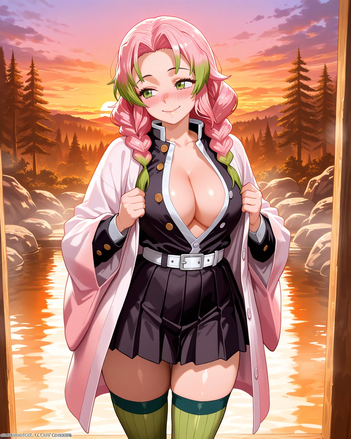 there is a woman with pink hair and a green and white jacket, colorful pigtail, pink twintail hair and cyan eyes, cosplay, small curvy , anime girl cosplay, full-cosplay, y 2 k cutecore clowncore, decora inspired, pigtail, draped in fleshy green and pink, , pink white and green,((masterpiece)),((best quality)),((ultra-detailed)),(8k),((wallpaper)),((extremely detailed cg)),(RAW photo:1.2),beautiful,,mid breasts,sexy smile,lovely eyes,,shiny skin, shiny body, grabbing a camera in her hand,perfect hands, detailed hands, Nice hands,((( smile tightening the lip))),(( highlighted in the )),( smile),(((biting her lip un a sensual way)))