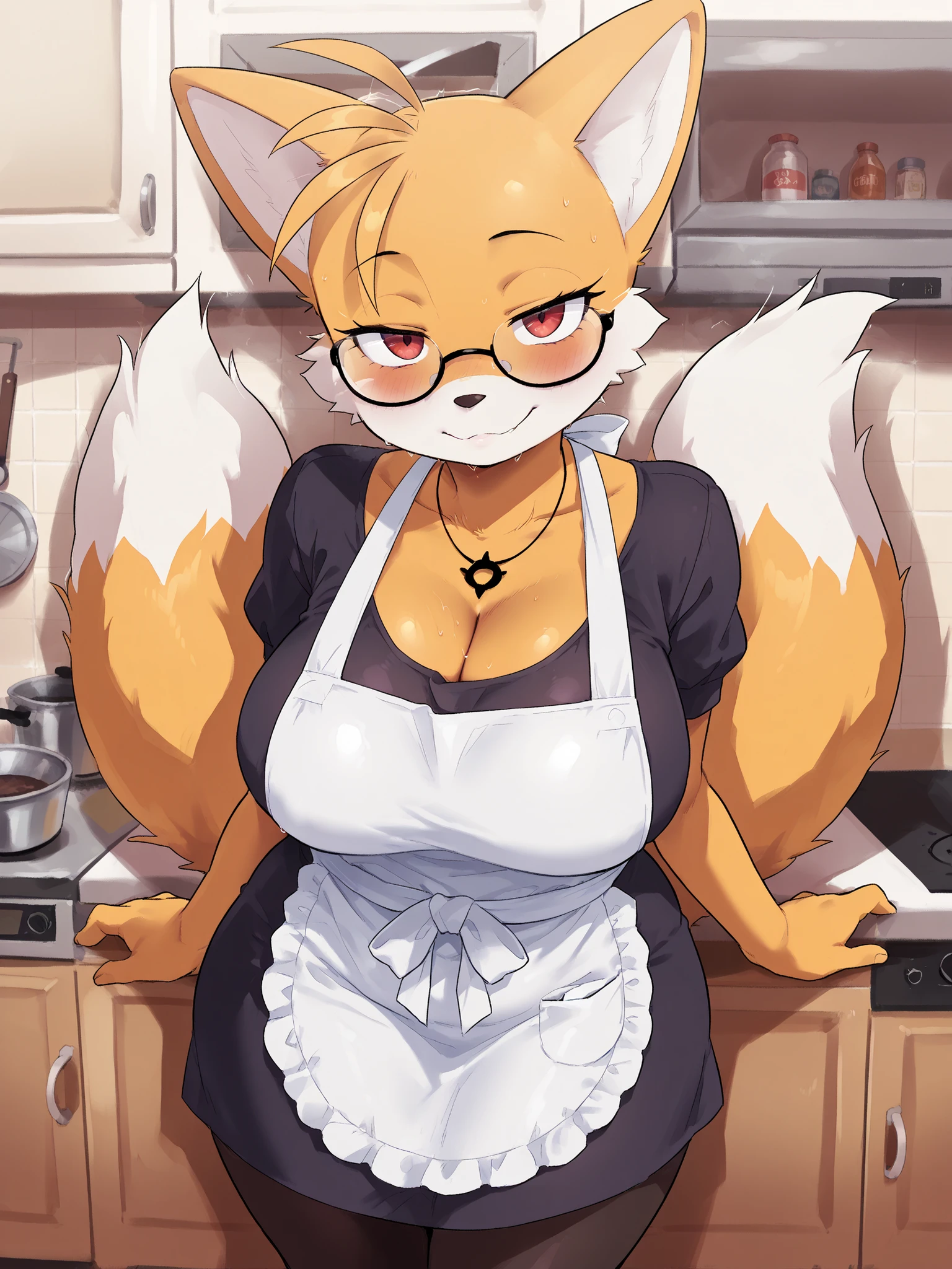 (Masterpiece, the best quality), incredible quality, very aesthetic, absurd, high resolution, NEW , HDR-10, 8K, Cinematic, professional photo, chica, librarian, (((female miles "Tails" Prower:1))), Big breasts, (Small but curvy), glasses, fat nose, caderas anchas, blue waitress dress with white apron:1, Standing, black necklace, (((seductive expression))), (((neckline))), in the kitchen, detailed background, subsurface dispersion, translucent, brilliant, SSS, of the highest quality, atmospheric haze , IllustrationsP0s , (super quality:1.2), very excited