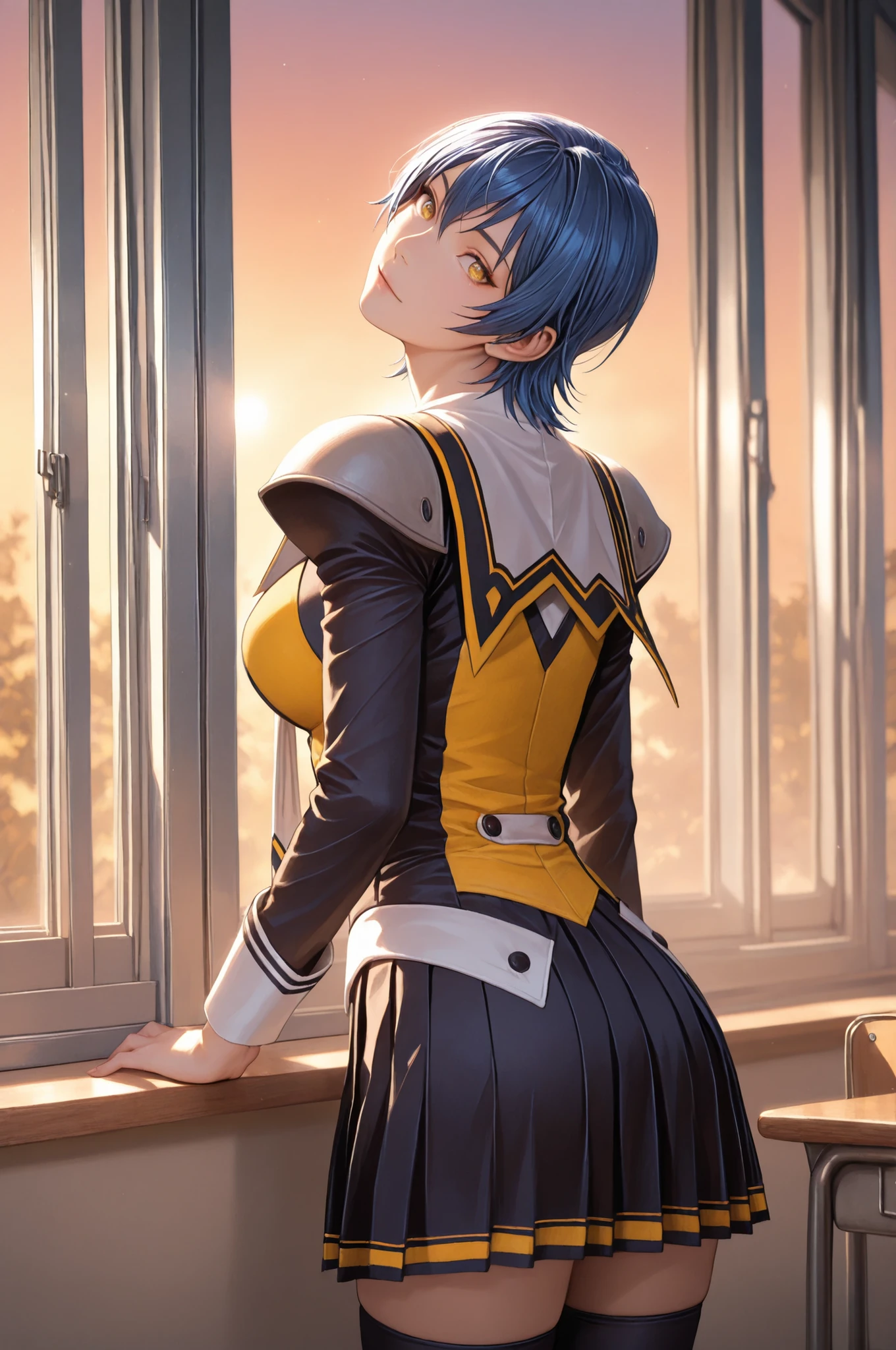 miyagishi yucky, blue hair, short hair, yellow eyes, beautiful lips, St_Arcadia_Uniform, school uniform, black and yellow clothes, shoulder pads, white necktie, long sleeves, pleated skirt, black thighhighs, light yellow camisole, 1girl, solo, a young woman, fair skin, thigh highs, detailed eyes, Makai Kishi, upper body view, shaft look, looking back, from behind, head tilt, the girl is very beautiful, the girl has an incredibly beautiful face, detailed skin image. A sunny day, anatomically accurate ratio, the girl looks directly at the viewer, the girl is very beautiful, the girl has an incredibly beautiful face, detailed skin image. Evening, a beautiful sunset. The girl is in a Japanese school classroom, the girl is standing at the window, the beautiful sunlight highlights her beauty. Complex details, warm lighting, soft colors, the sun shines, highlighting the girl's incredible beauty, masterpiece, best quality, vibrant, very aesthetic, high contrast, semrealistic, newest, top quality, good quality, proper lighting, proper shadows, extremely detailed CG unity 8k wallpaper, perfect lighting, colorful, ultra-high resolution, detailed background, masterpiece, top quality, (masterpiece, detailed:1.2)
