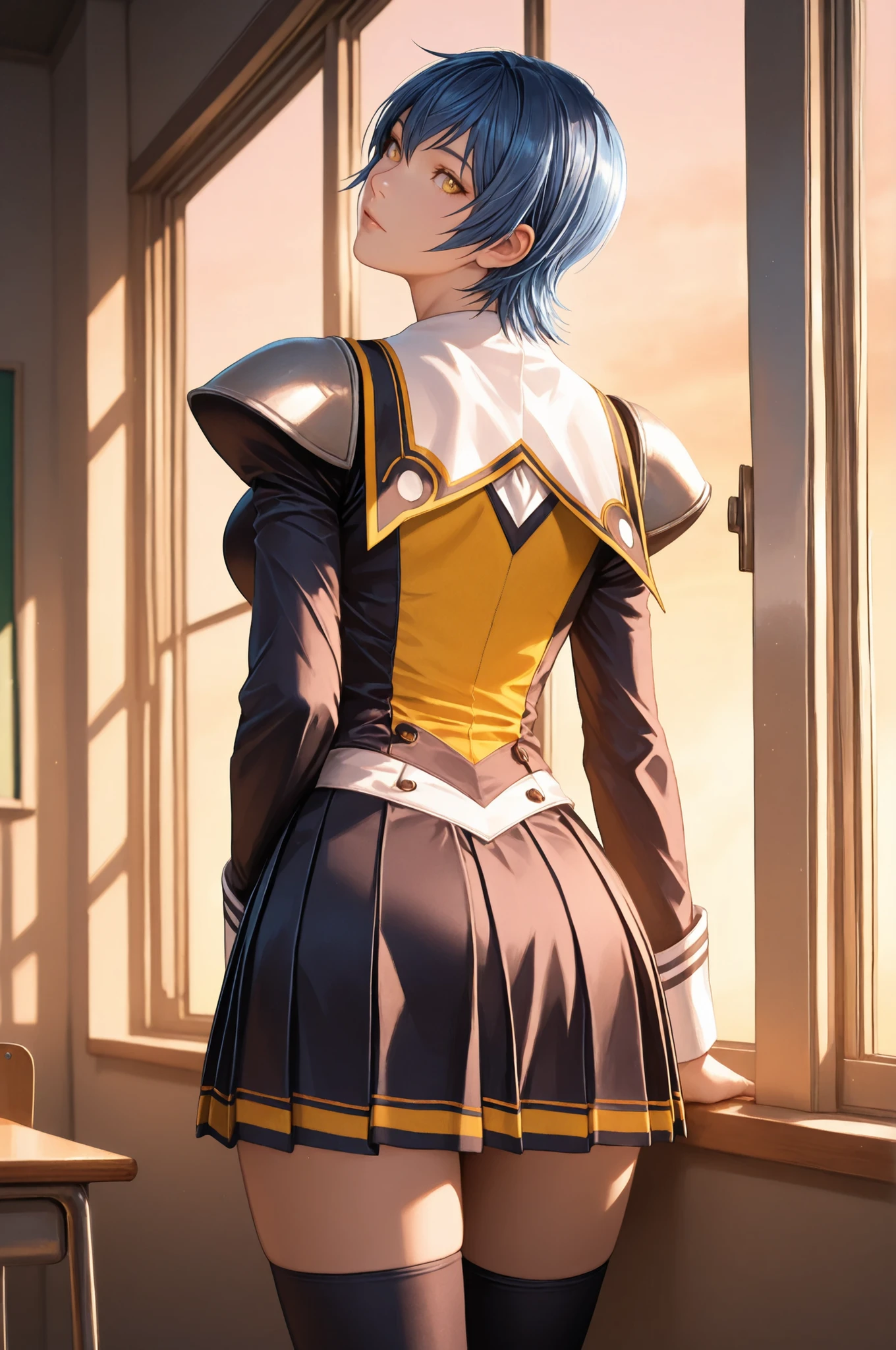 miyagishi yucky, blue hair, short hair, yellow eyes, beautiful lips, St_Arcadia_Uniform, school uniform, black and yellow clothes, shoulder pads, white necktie, long sleeves, pleated skirt, black thighhighs, light yellow camisole, 1girl, solo, a young woman, fair skin, thigh highs, detailed eyes, Makai Kishi, upper body view, shaft look, looking back, from behind, head tilt, the girl is very beautiful, the girl has an incredibly beautiful face, detailed skin image. A sunny day, anatomically accurate ratio, the girl looks directly at the viewer, the girl is very beautiful, the girl has an incredibly beautiful face, detailed skin image. Evening, a beautiful sunset. The girl is in a Japanese school classroom, the girl is standing at the window, the beautiful sunlight highlights her beauty. Complex details, warm lighting, soft colors, the sun shines, highlighting the girl's incredible beauty, masterpiece, best quality, vibrant, very aesthetic, high contrast, semrealistic, newest, top quality, good quality, proper lighting, proper shadows, extremely detailed CG unity 8k wallpaper, perfect lighting, colorful, ultra-high resolution, detailed background, masterpiece, top quality, (masterpiece, detailed:1.2)