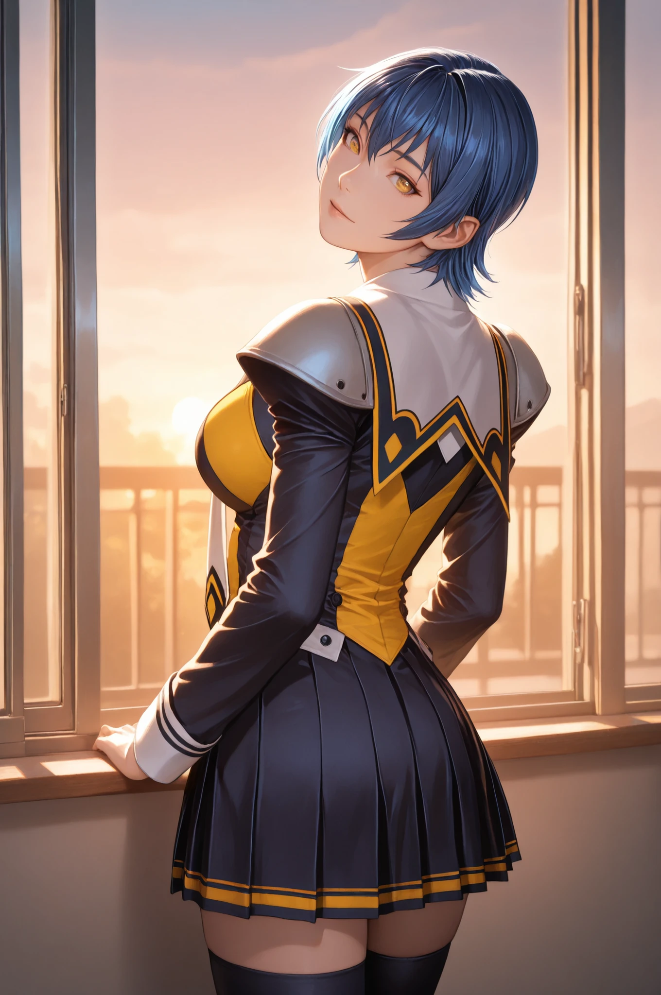miyagishi yucky, blue hair, short hair, yellow eyes, beautiful lips, St_Arcadia_Uniform, school uniform, black and yellow clothes, shoulder pads, white necktie, long sleeves, pleated skirt, black thighhighs, light yellow camisole, 1girl, solo, a young woman, fair skin, thigh highs, detailed eyes, Makai Kishi, upper body view, shaft look, looking back, from behind, head tilt, the girl is very beautiful, the girl has an incredibly beautiful face, detailed skin image. A sunny day, anatomically accurate ratio, the girl looks directly at the viewer, the girl is very beautiful, the girl has an incredibly beautiful face, detailed skin image. Evening, a beautiful sunset. The girl is in a Japanese school classroom, the girl is standing at the window, the beautiful sunlight highlights her beauty. Complex details, warm lighting, soft colors, the sun shines, highlighting the girl's incredible beauty, masterpiece, best quality, vibrant, very aesthetic, high contrast, semrealistic, newest, top quality, good quality, proper lighting, proper shadows, extremely detailed CG unity 8k wallpaper, perfect lighting, colorful, ultra-high resolution, detailed background, masterpiece, top quality, (masterpiece, detailed:1.2)