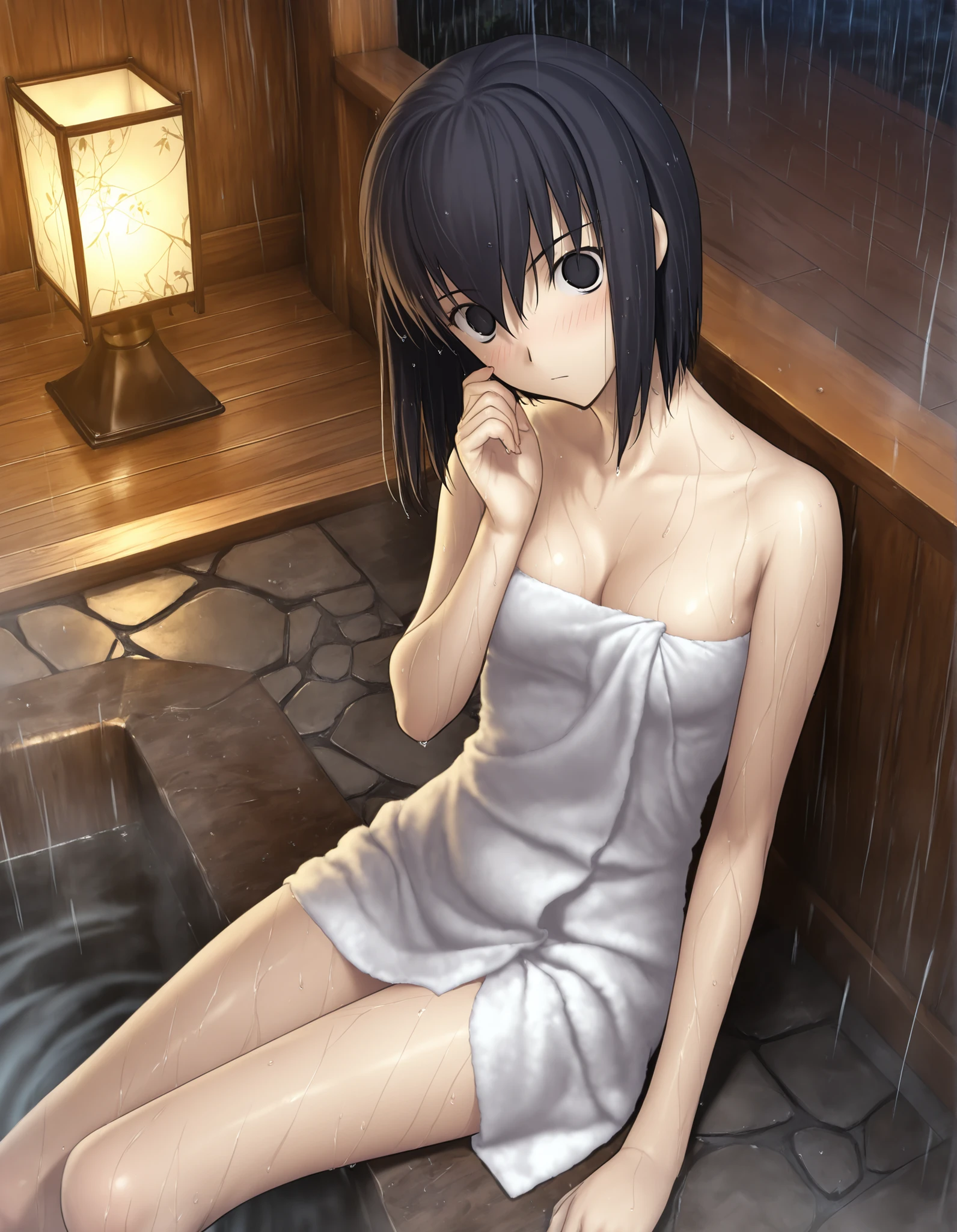 (japanese lamp) ,(),, from above,(), (dutch angle), pale skin, (in onsen, on dark water), sitting, rain,
                                                                                                                                                                                                                         1girl, solo, <lora:Witch on the Holy Night_illustriousXL:1>, koyama hirokazu style, ,(head tilt),(cleavage), blush, wet hair ,
   
girl, slim arms, slim body, ,kuonji alice ,black hair ,short hair ,hair between eyes ,black eyes, ,((no pupil)), (wide-eyed), , (nued towel),  ,looking at viewer, (very small ), , hand up, ,