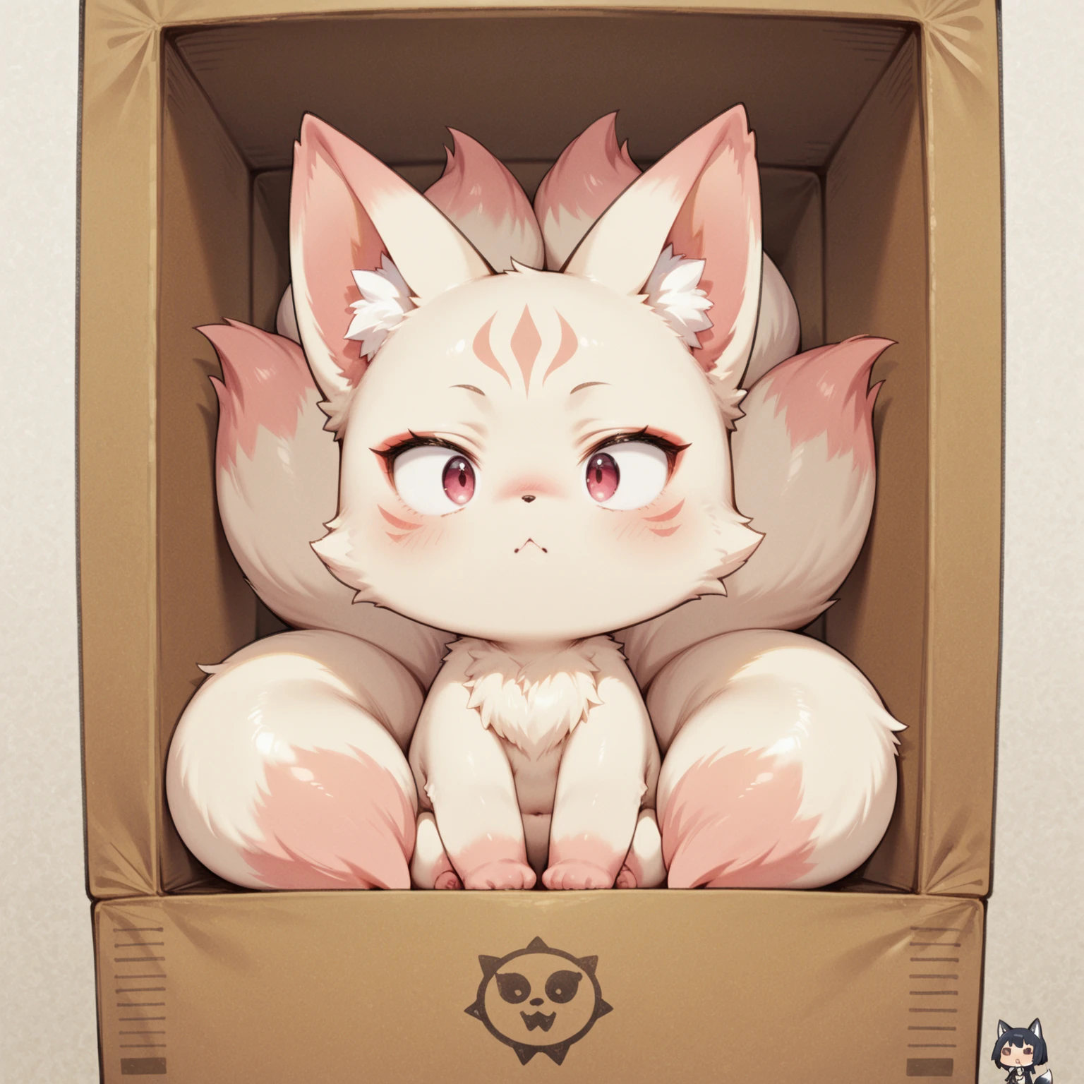  full body view, anthro, young female, pleasure face, heavy blushing, breathless, green eyes, pink fur, (ultra detailed fur), huge breasts, large breasts, holding breasts apart, ambient light, volumetric light, white hair, white bangs, pink hair, pink ears, chest fluff, heart eyes, on back, view between legs, on a bed, (())