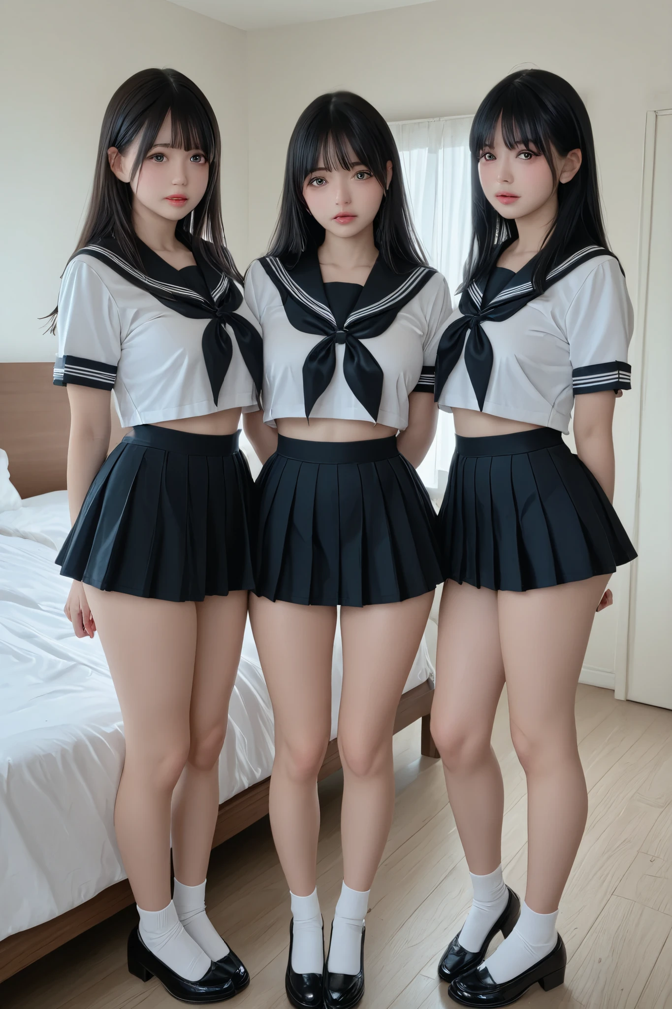 from the tip of my head、Please depict the full body of a beautiful young woman、Full shot 、beautiful若い女性の全身描写、(Highest Quality、4K、high image quality)、Detailed、beautiful顔、Super Real、Realistic、gigantic breasted、beautiful、日本人女子高校生のGirl、Bedroom、By the bedside、standing、beautiful立ち姿、 she says 、The front、Turn 、standing、staring at me、uniforms worn by Japanese high school girls、black sailor suit with miniskirt、beautiful長い脚が、It looks beautiful。full body depiction please、gigantic breasted、Japanese、beautiful、Girl、Abundant、Slender body、slim body
Sailor suit、Japanese high school girls wear、Black uniform sailor suit