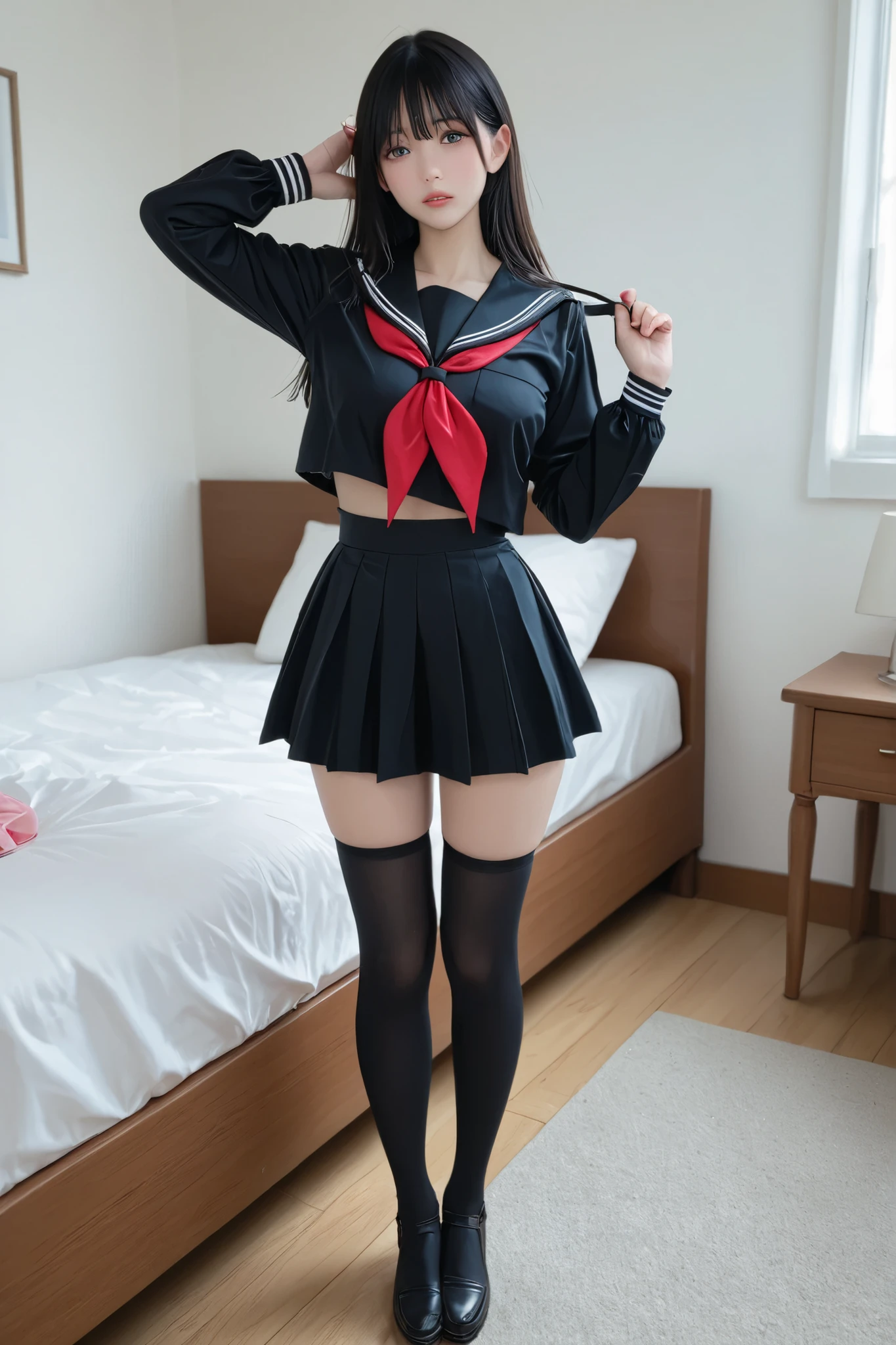 from the tip of my head、Please depict the full body of a beautiful young woman、Full shot 、beautiful若い女性の全身描写、(Highest Quality、4K、high image quality)、Detailed、beautiful顔、Super Real、Realistic、gigantic breasted、beautiful、日本人女子高校生のGirl、Bedroom、By the bedside、standing、beautiful立ち姿、 she says 、The front、Turn 、standing、staring at me、uniforms worn by Japanese high school girls、black sailor suit with miniskirt、beautiful長い脚が、It looks beautiful。full body depiction please、gigantic breasted、Japanese、beautiful、Girl、Abundant、Slender body、slim body
Sailor suit、Japanese high school girls wear、Black uniform sailor suit
