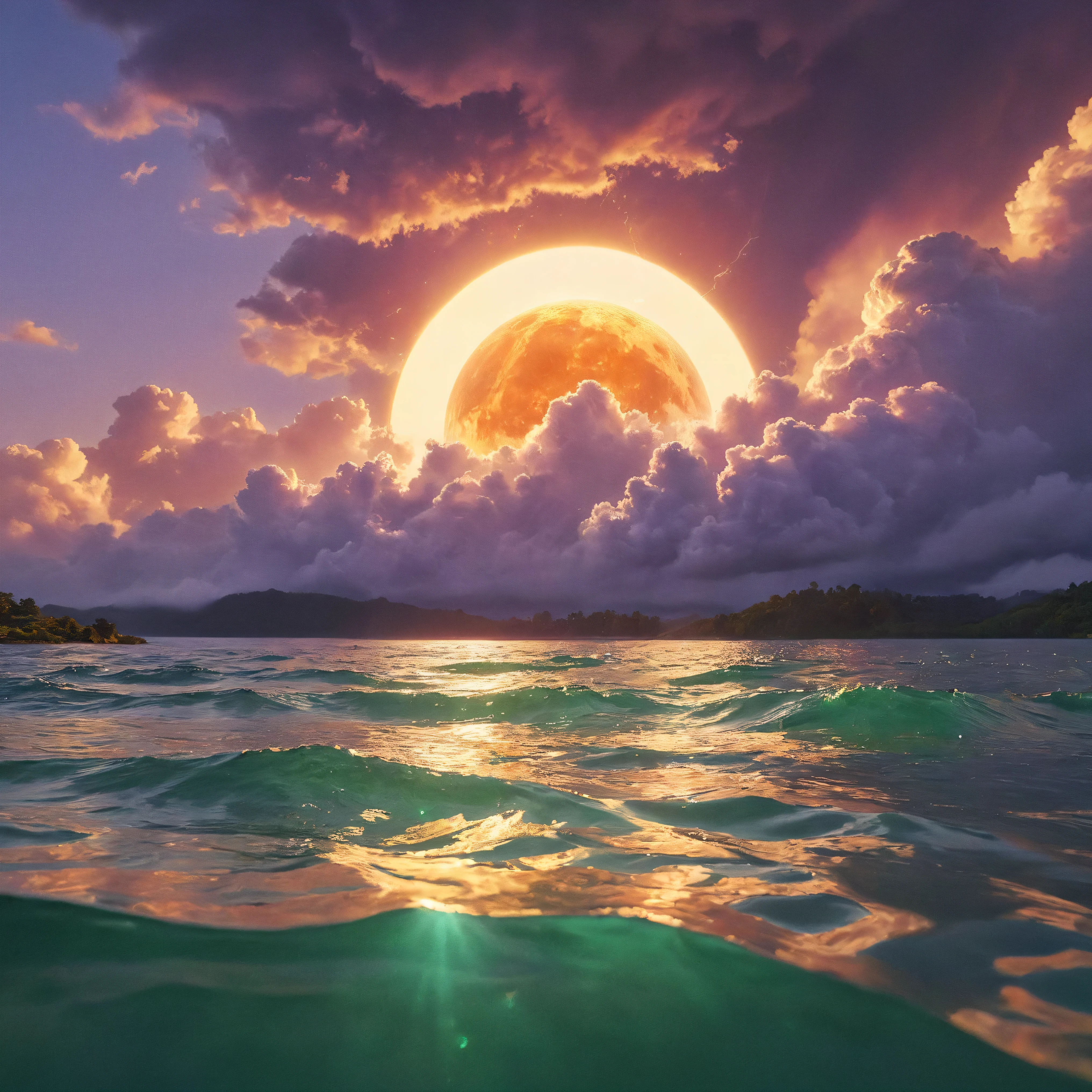 Ultra-realistic, photo-realistic, ultra-detailed, bright vibrant colors, 3D rendered realism, clear crisp images,
An electric blue sky filled with large dark green cumulus clouds, with light lime green and white billowing clouds in front of these that are partially covering an oversized sun that hovers like a gigantic orange fireball intricately incorporating tiny fragments of purple stitching contained within it. The heavy green clouds empty out a slime green liquid that pours into the dark waters of a large lake below. The lake has rings of slime green with dark water in between these rings where the slime green liquid has dropped into the lake. Bright vibrant colors, attention to texture on the clouds and water, 8k, high-res, surrealism, aesthetically incredible and dramatic, cinematic photography, cinematic composition, icon style, intricate textures and details, best quality, vivid colors, realistic-looking, hyperrealistic, 3D rendered realism, UHDR, octane render, trending on artstation, stable diffusion, cinematic lighting and shading, cinematography, a masterpiece.