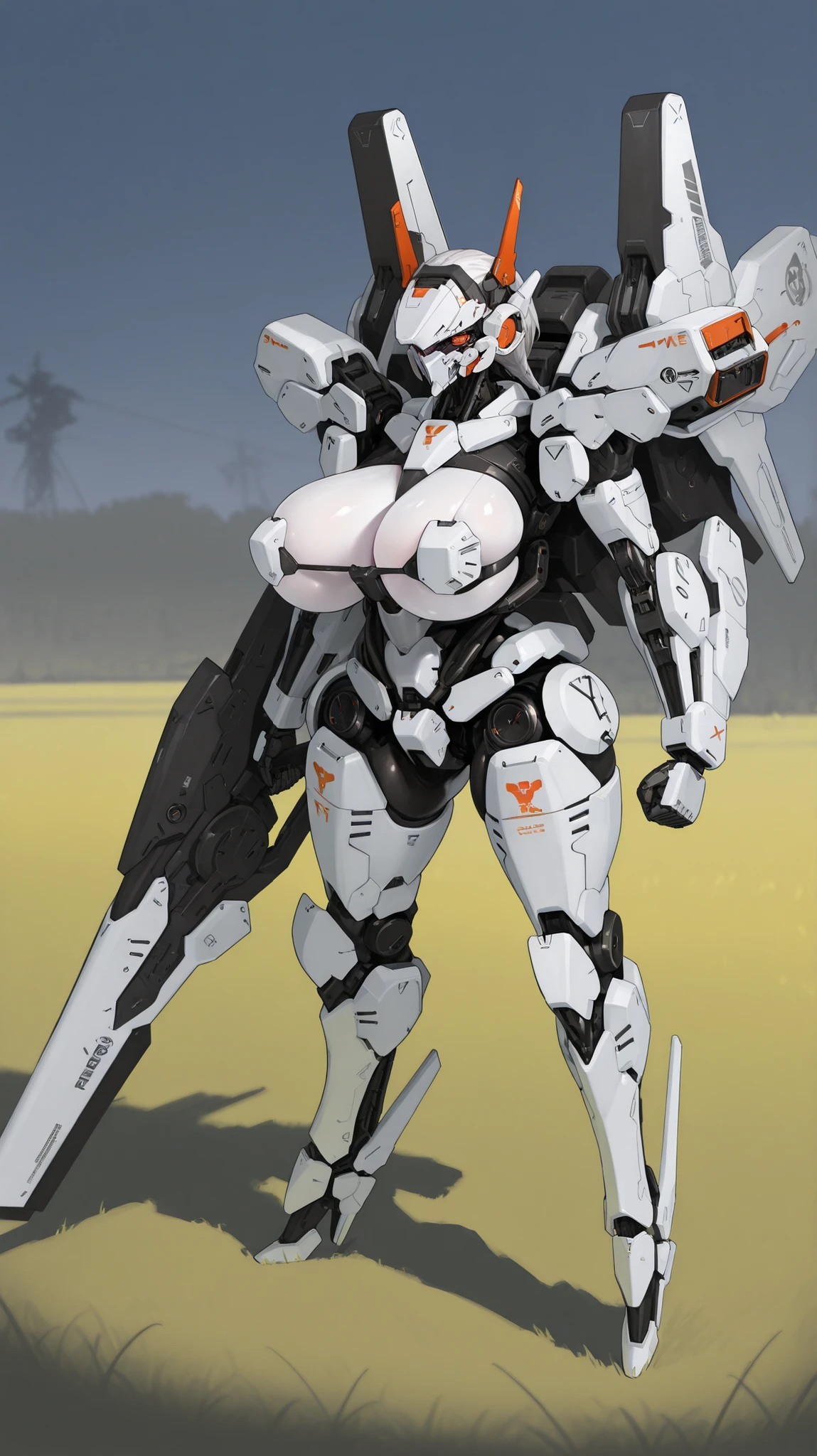 red eyes、((styleechanisenicha,yu2m,machina,female robot、female squirrel、full face mask、huge :2.5、white android body、Heavy Armor、Increased Defense)),High Quality,standing picture in meadow、1girl、solo、high image quality、anime style