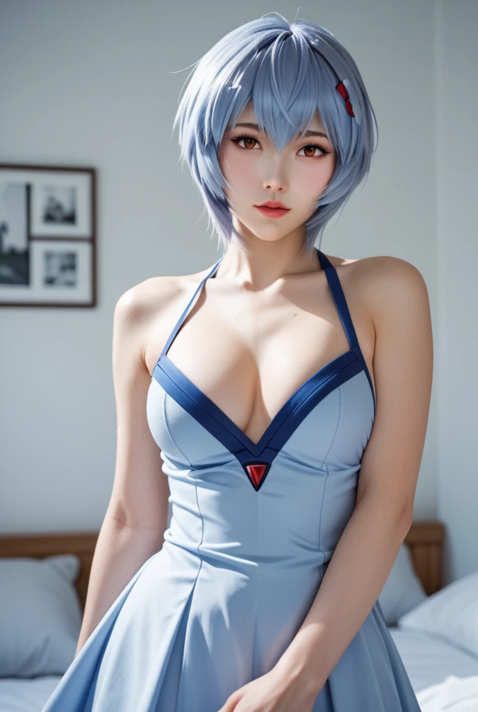 Gorgeous Girl, Beautiful, Baby Face, 20 Years Old, White Skin, Movie Lighting, Futuristic, ((Cleavage)), ((Blue) short Dress), Gold Eye, Muscles, Bokeh, Masterpiece, Medium Bob, Blue Hair, standing in front of solid white background